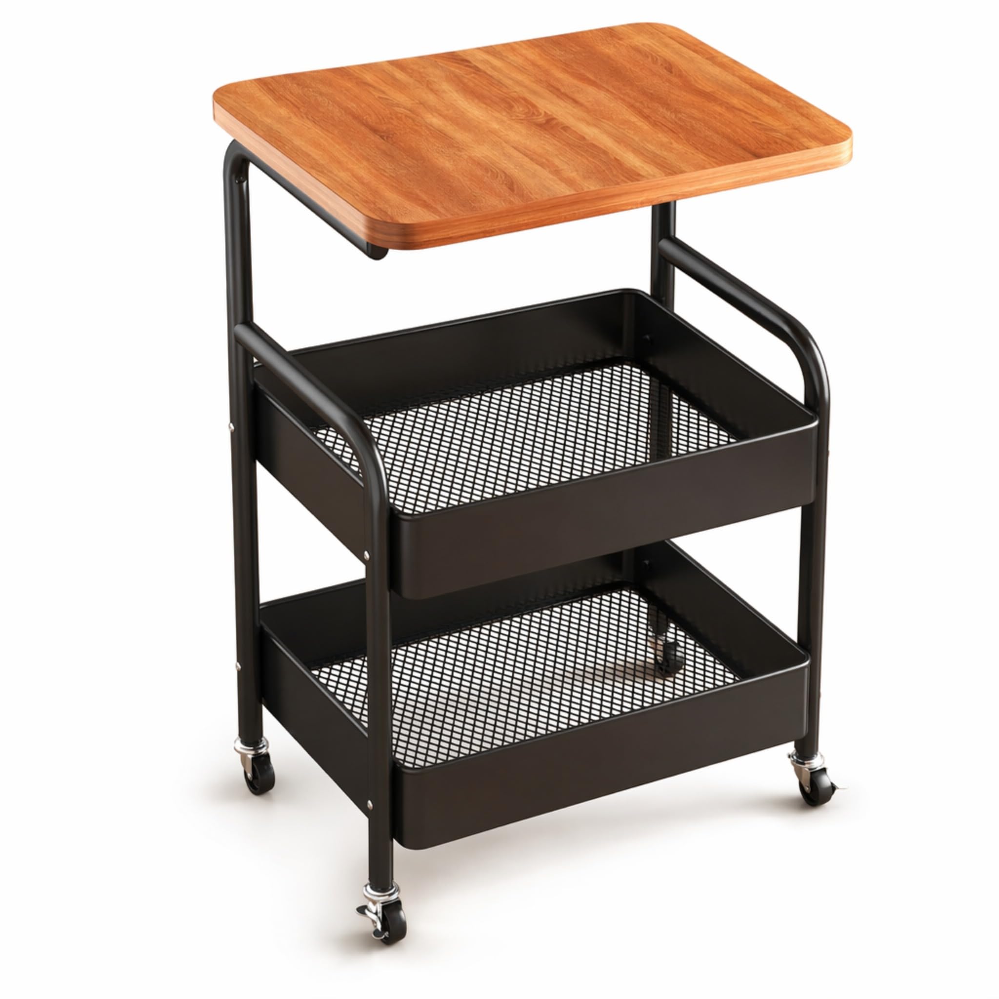 VARTEC 3-Tier Rolling Utility Cart with Wooden Table Top, Metal Mesh Storage Baskets, Lockable Wheels, Mobile Storage Organizer for Kitchen, Living Room, Office, Bedroom, Bathroom, Black-image-40