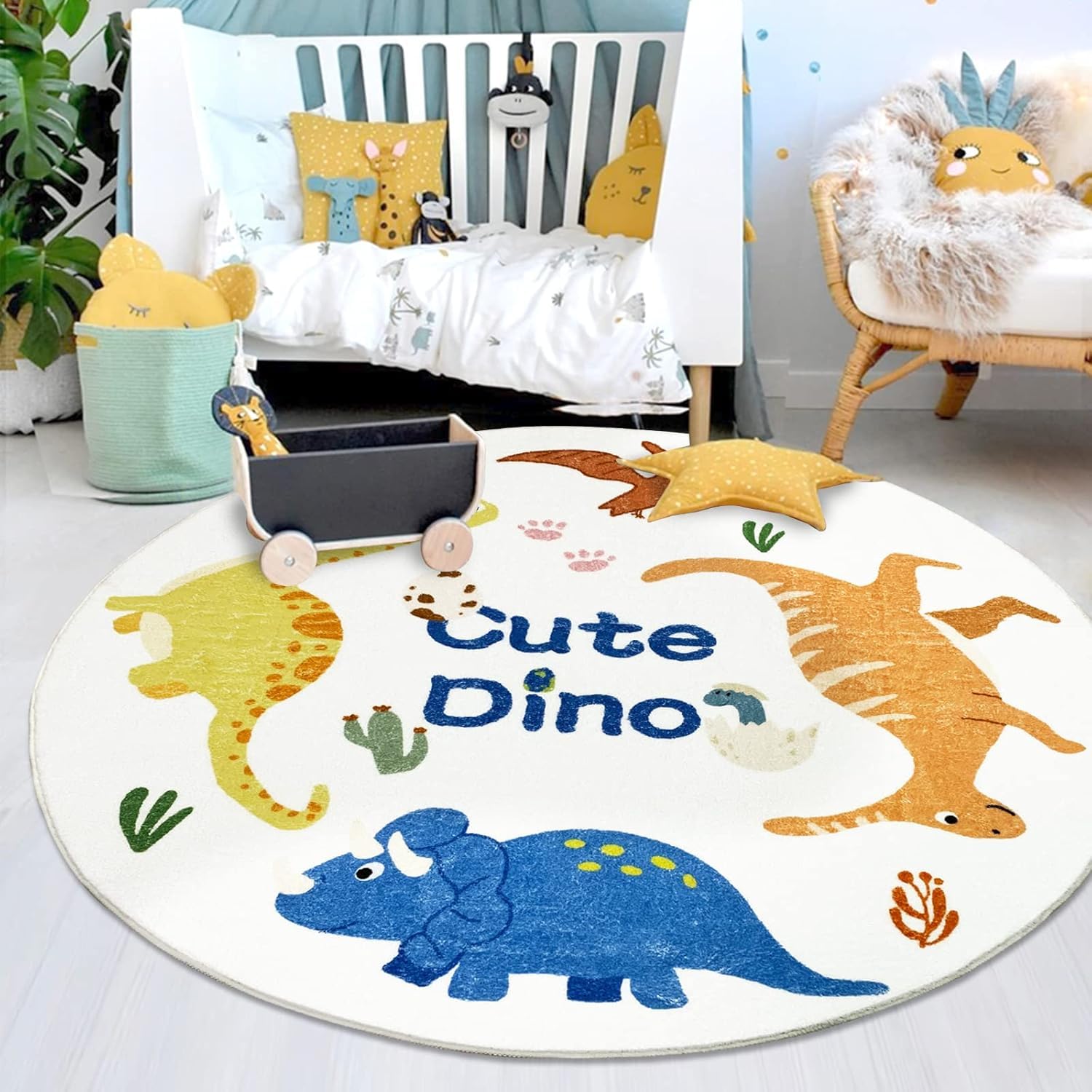 USHIRUG Cartoon Round Rug, 100cm Blue Yellow and Brown Dinosaur Low-Pile Washable Rug, Soft Cute Animal Non-Slip Round Carpet Floor Mats for Boys Girls' Rooms, Playrooms, Classrooms Bedrooms