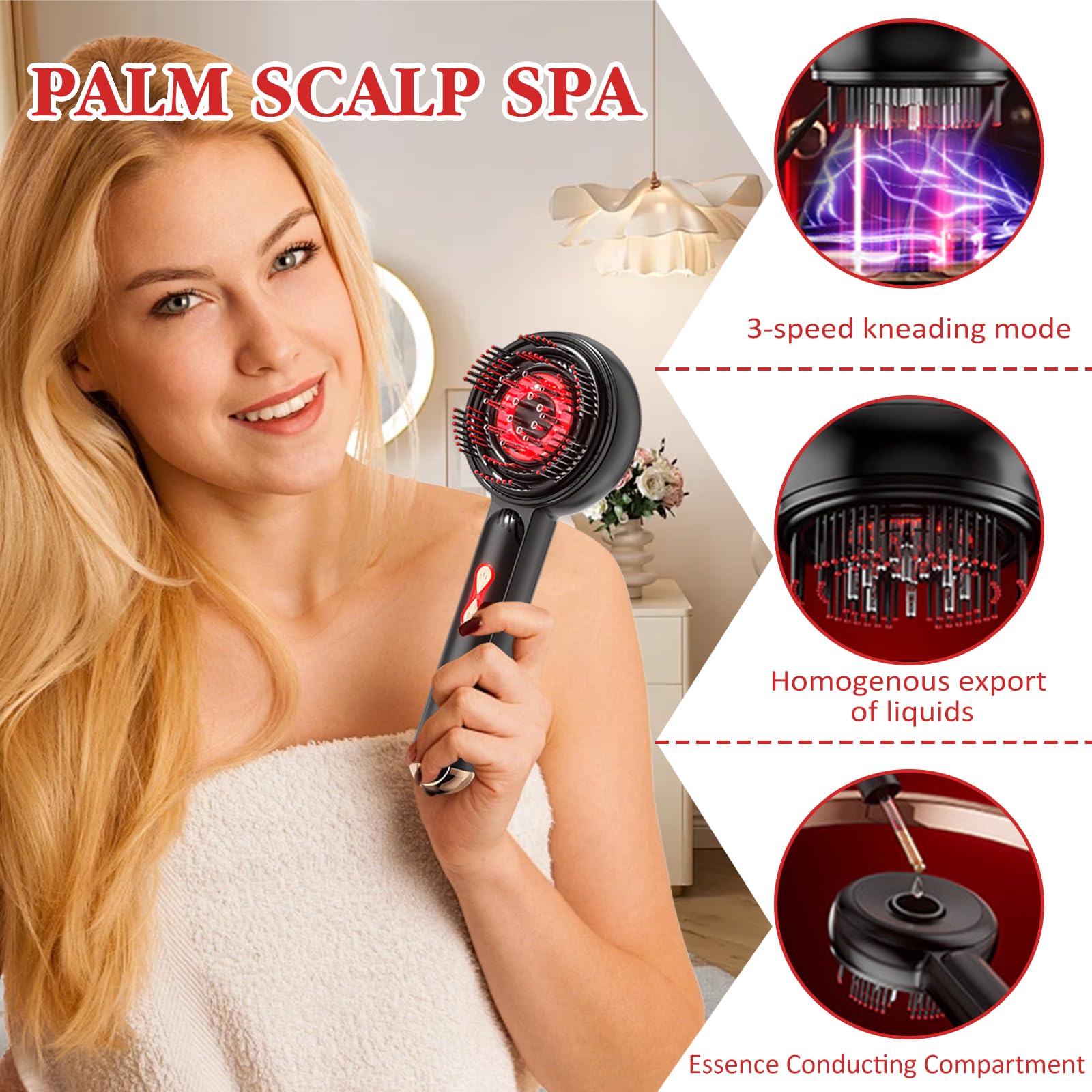 Masajeador de cabeza eléctrico, 2 en 1, masajeador de cuero cabelludo, 360 °, luz roja, peine de masaje eléctrico, masajeador de pelo, masajeador del cuero cabelludo con dispensador de aceite para el
