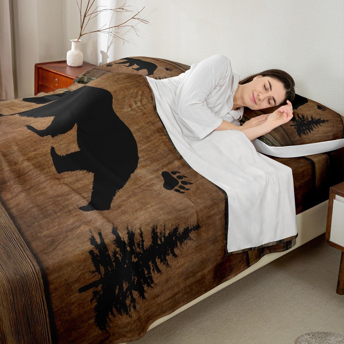 Manfei Rustic Bear Sheet Set King Size, Wildlife Hunting Theme Bed Sheet Set 4pcs with Deep Pocket Fitted Sheet + Flat Sheet + 2 Pillowcases, Wooden Board Bedding Set for Kids Boys Teens Room Decor image 2