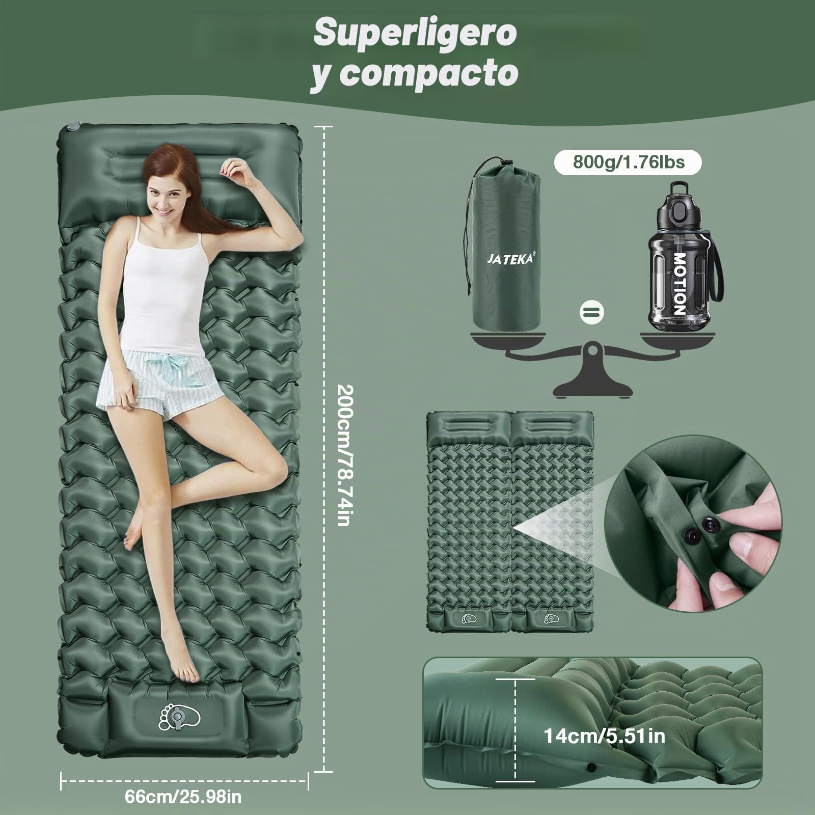 JATEKA Esterilla Camping Inflable Autoinflable Individual con Bomba de Pie y Almohada