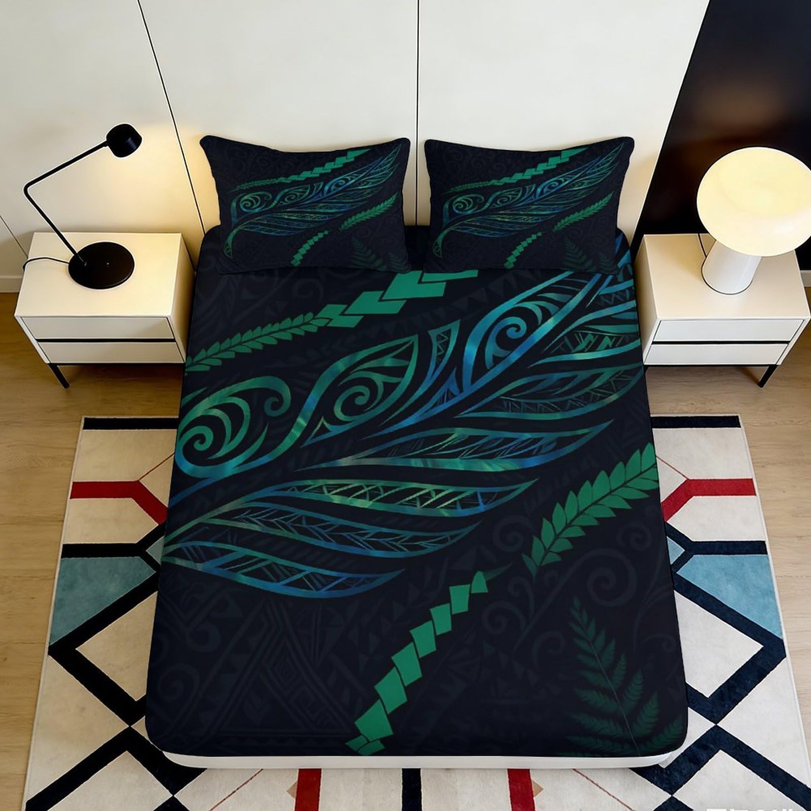 3D Printed Abstract Feather Fitted Sheet Microfiber Soft Breathable Geometric Bed Cover for Bedroom Dormitory Guest Room Mattress Protection Decor 180x200x25cm