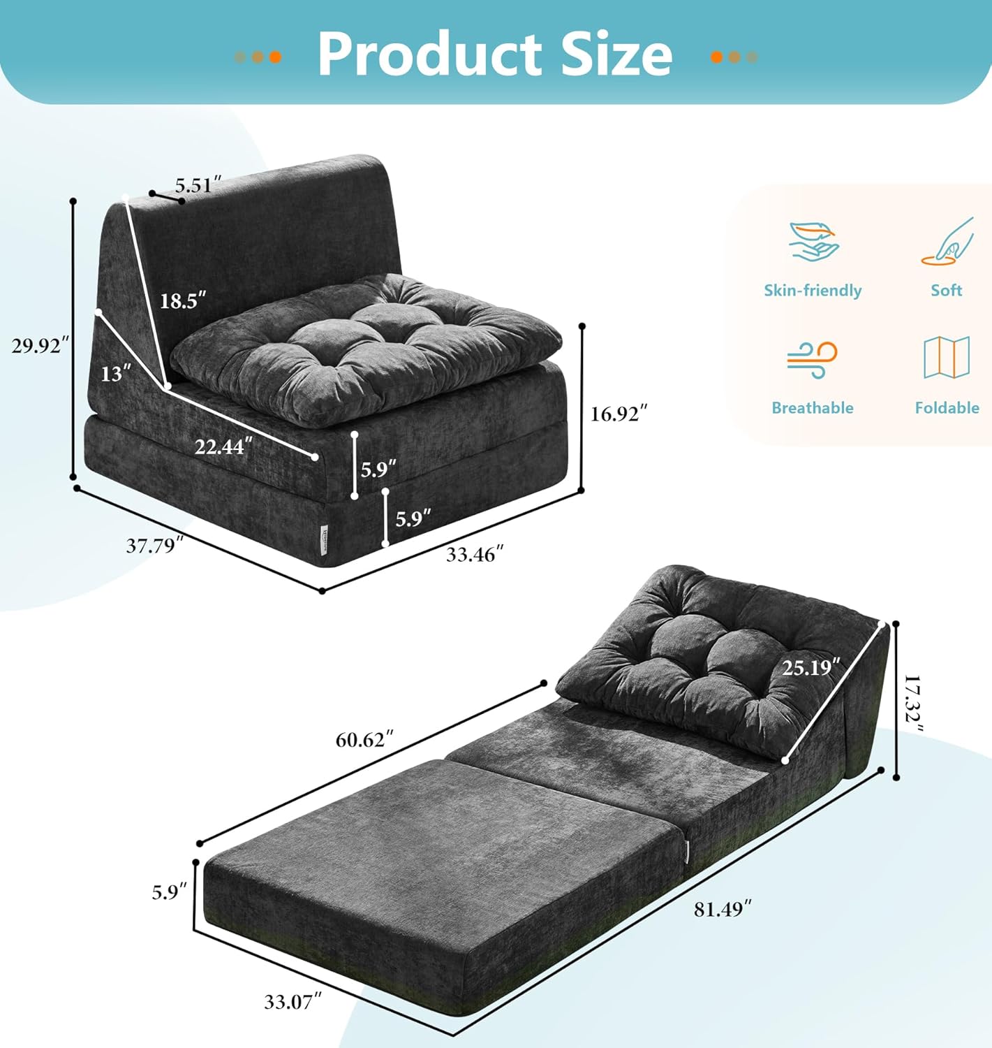 Hobestluk Sofa Couch Folding Sofa Bed Comfy Floor Lounger Convertible Sofa with Removable Cushion Couches for Small Spaces Foldable Mattress for Living Room Bedroom or Office (Chenille Grey, Large)