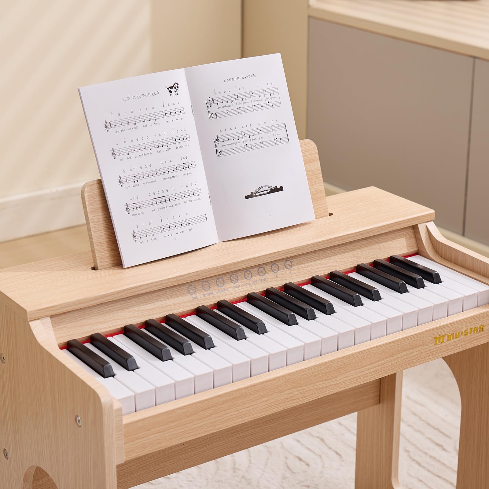 MUSTAR Piano pour Enfants, Piano numérique à 37 Touches pour Enfants, avec Banc de Piano, recueil de chansons, Autocollants et Housse de Protection, Filles et garçons, Chêne