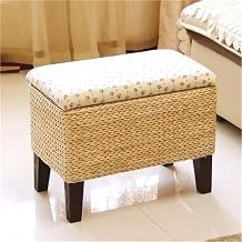 Natural Rattan Storage Ottoman Country Style Storage Bench Cattail Weaving Medium Density Sponge for Living Room Room Solid Construction(Natural,Large)