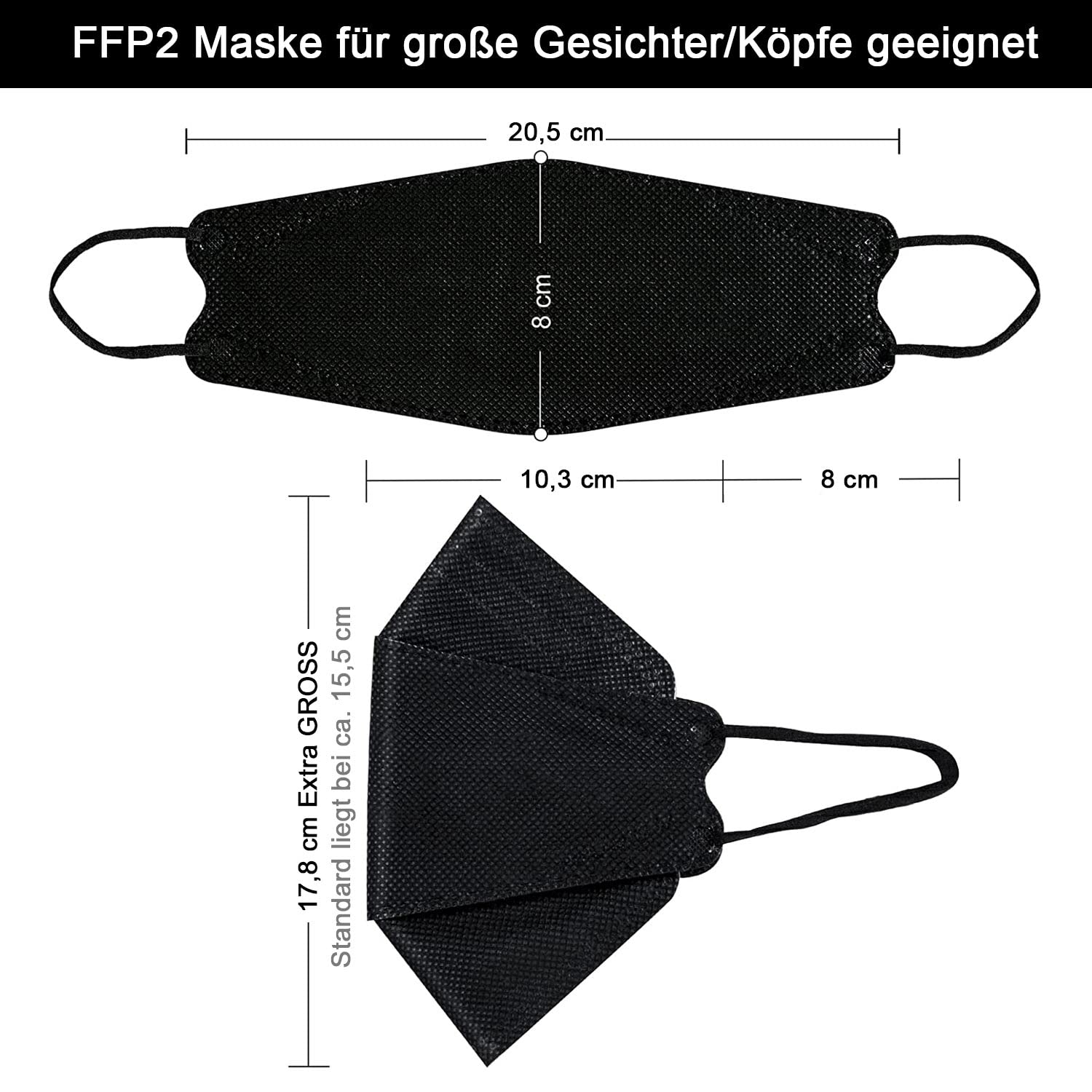 FFP2 Lot de 15 grands masques en forme de poisson Noir Certifié CE
