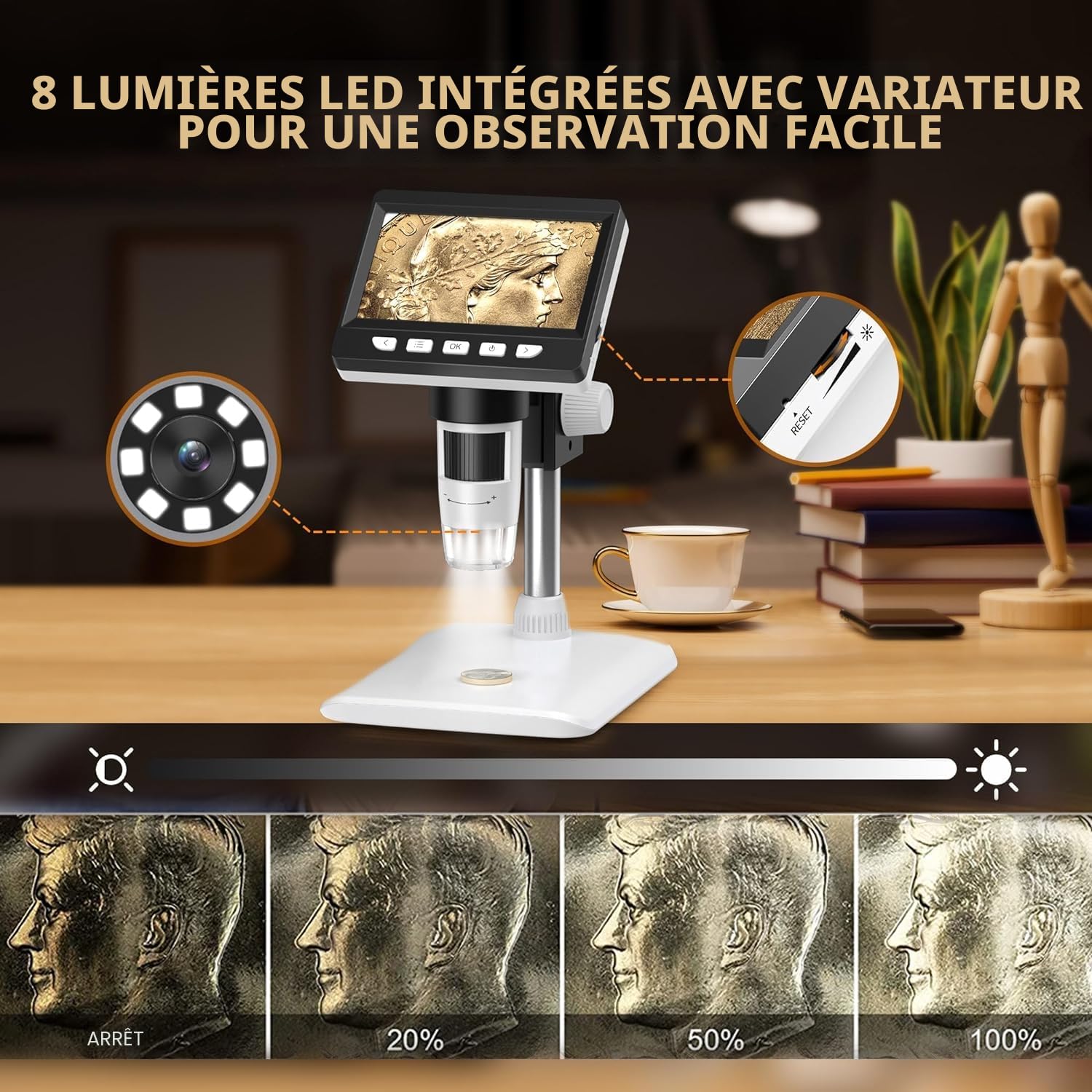 Microscope Numérique 4.3" USB 1000X Caméra avec 8 LED, Compatible MacOS Windows