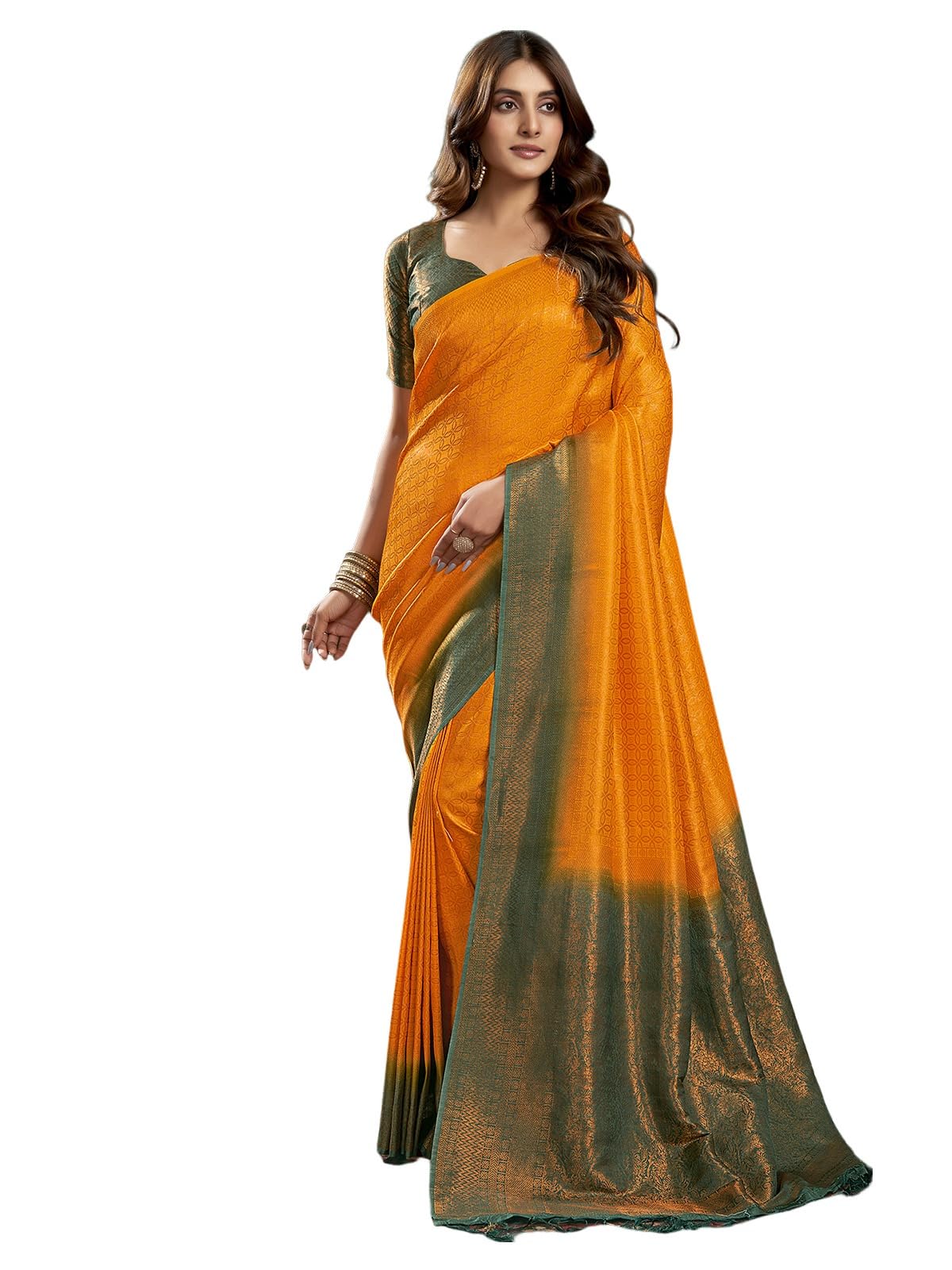 Satrani Women's Silk Blend Banarasi Jacquard Saree With Unstitched Blouse Piece (3819S401N_Turmeric Yellow & Dark Green)