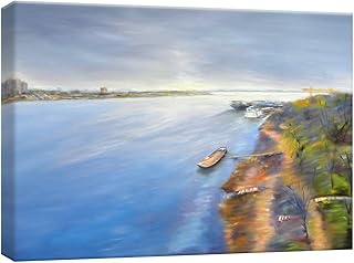 PHOENIX Waterfront River Boat Wall Art Decor Framed Canvas Realist Impressionist Calm Daily Escape Soft Muted Tones for Living Room Bedroom Office 18X24 Inch