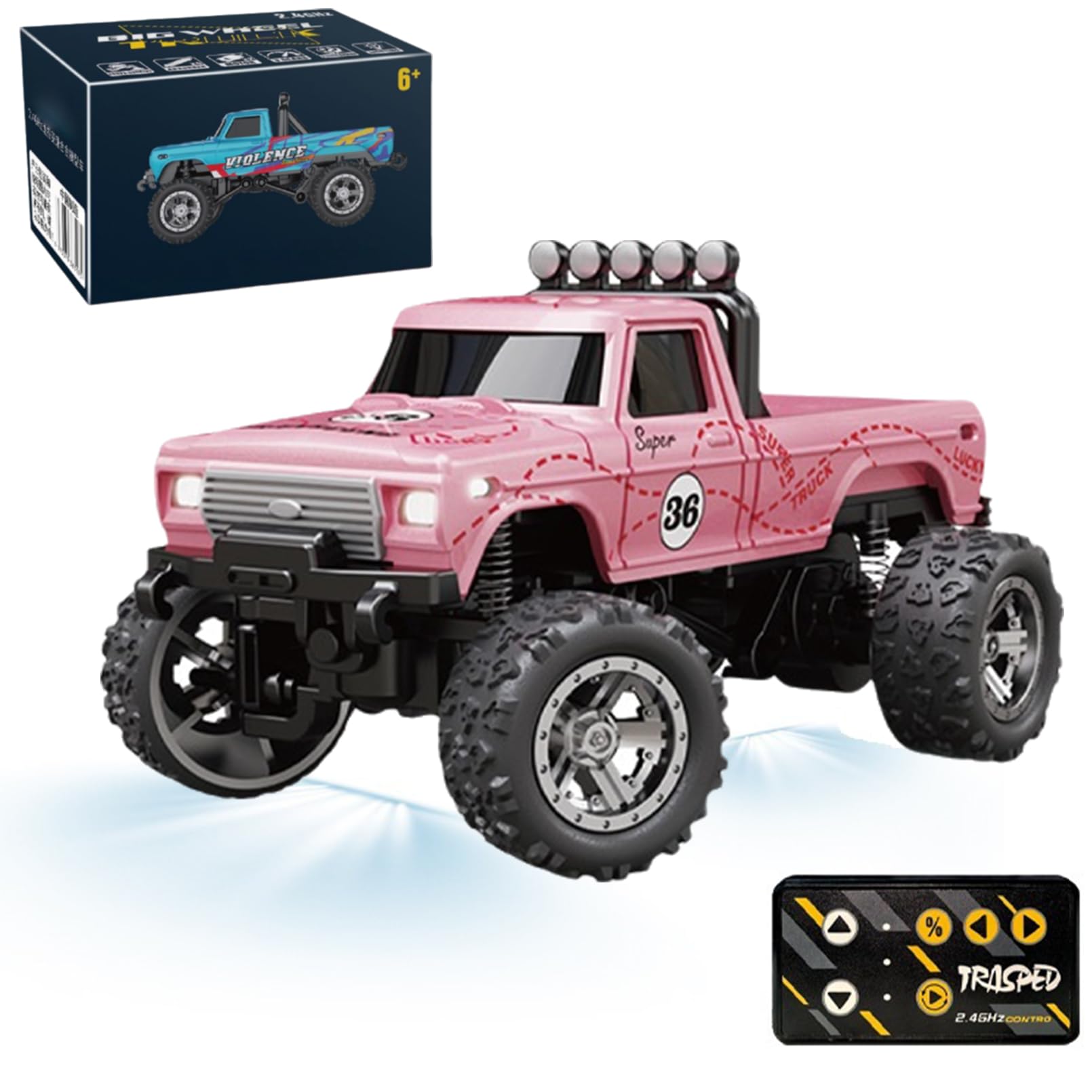 Mini Monster 1:64 Off-Road LED Alloy Racer, 3-Speed Modes, 2.4GHz Racing System, with LED Lights, Mini Rc Truck, for Ages 14+ Hobbyists and Collectors (Pink)