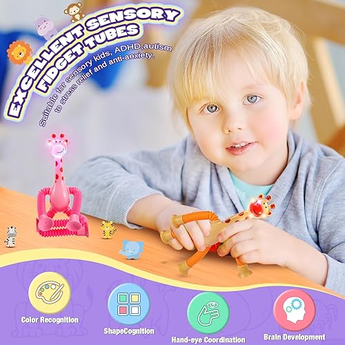 Miniatura 4 de Juguetes sensoriales antiestrés para niños paquete de 4 tubos telescópicos LED de jirafa de 2, 3, 4, 5, 6, 7, 8 años, regalos de Navidad,