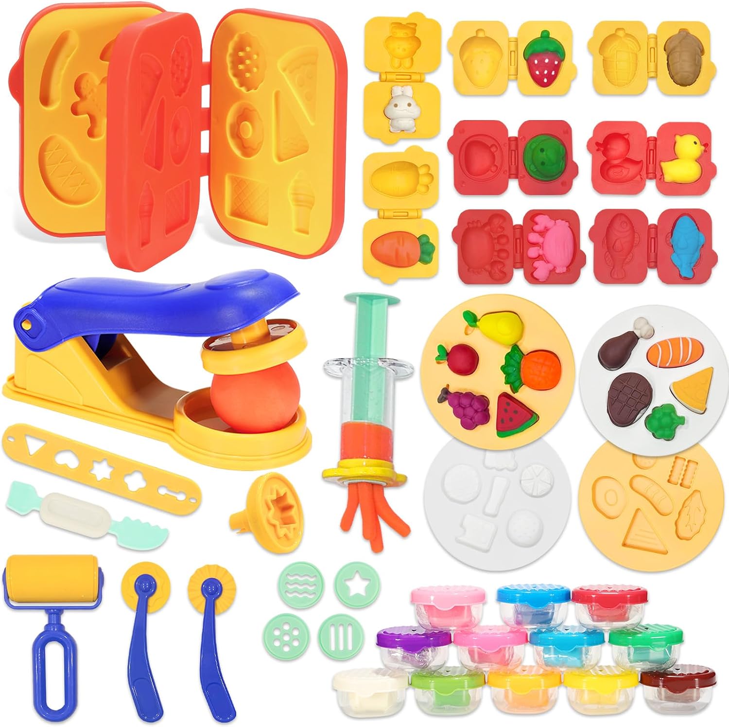 Crelloci Play Color Dough Tools Set, Deluxe 41PCS Kitchen Creations Accessories Kit, with 12 Cans Dough, Stamper Cookbook Food Mold Roller Cutter Extruder, Gift for Kids Boys Girls Ages 3+