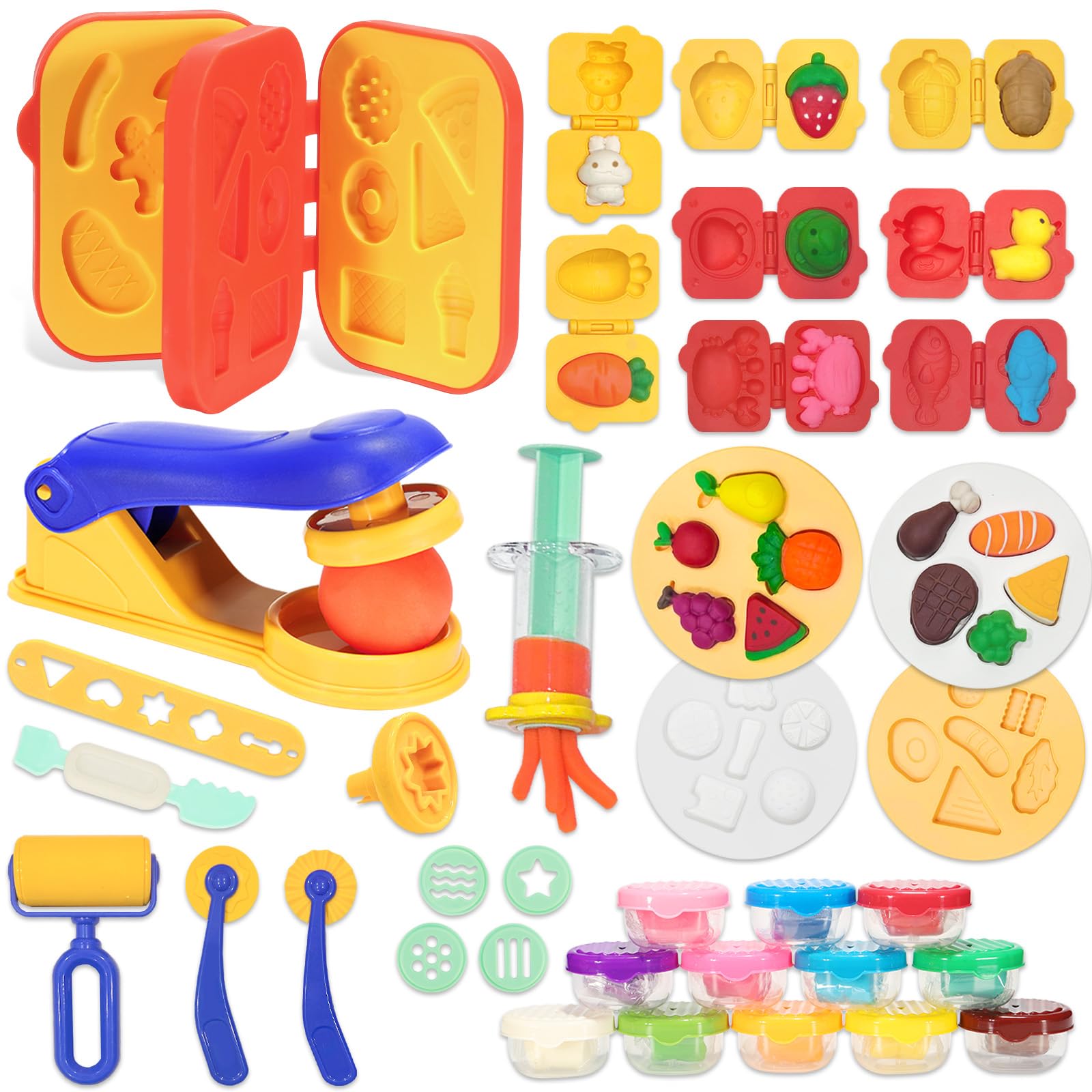 Crelloci Play Color Dough Tools Set, Deluxe 41PCS Kitchen Creations Accessories Kit, with 12 Cans Dough, Stamper Cookbook Food Mold Roller Cutter Extruder, Gift for Kids Boys Girls Ages 3+