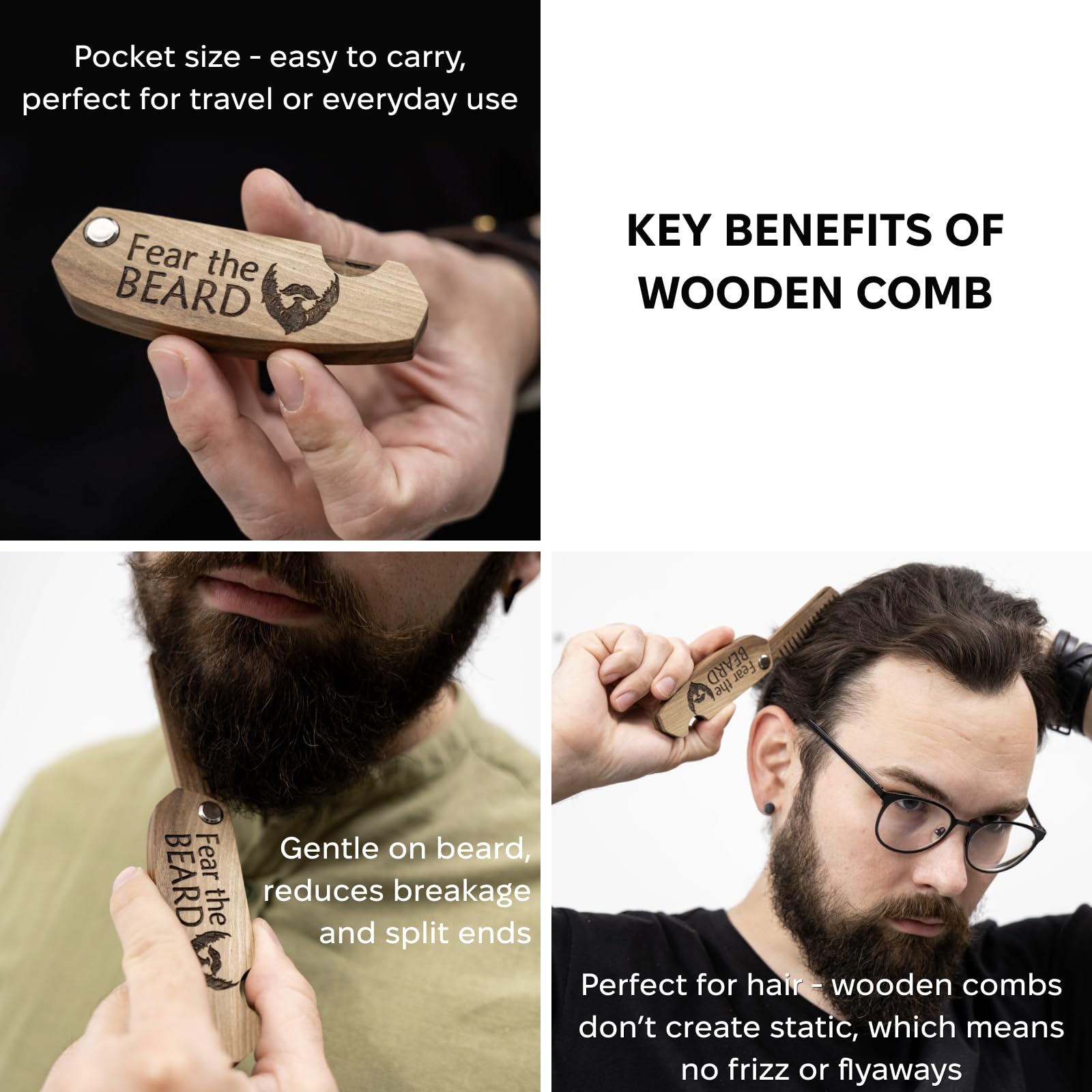 Beard Comb Gifts for Him Wooden Comb for Men Folding Pocket for Moustache Hair Walnut Combs Husband with the Engraving (Fear The Beard)