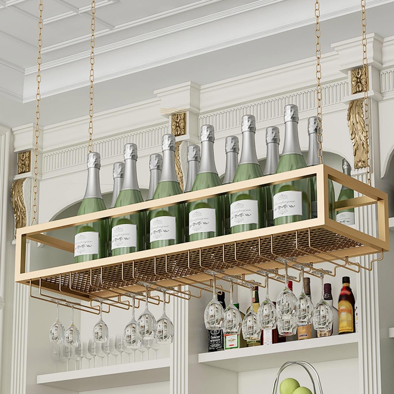 Porte-bouteilles de plafond haut de gamme en métal noir et or au style loft