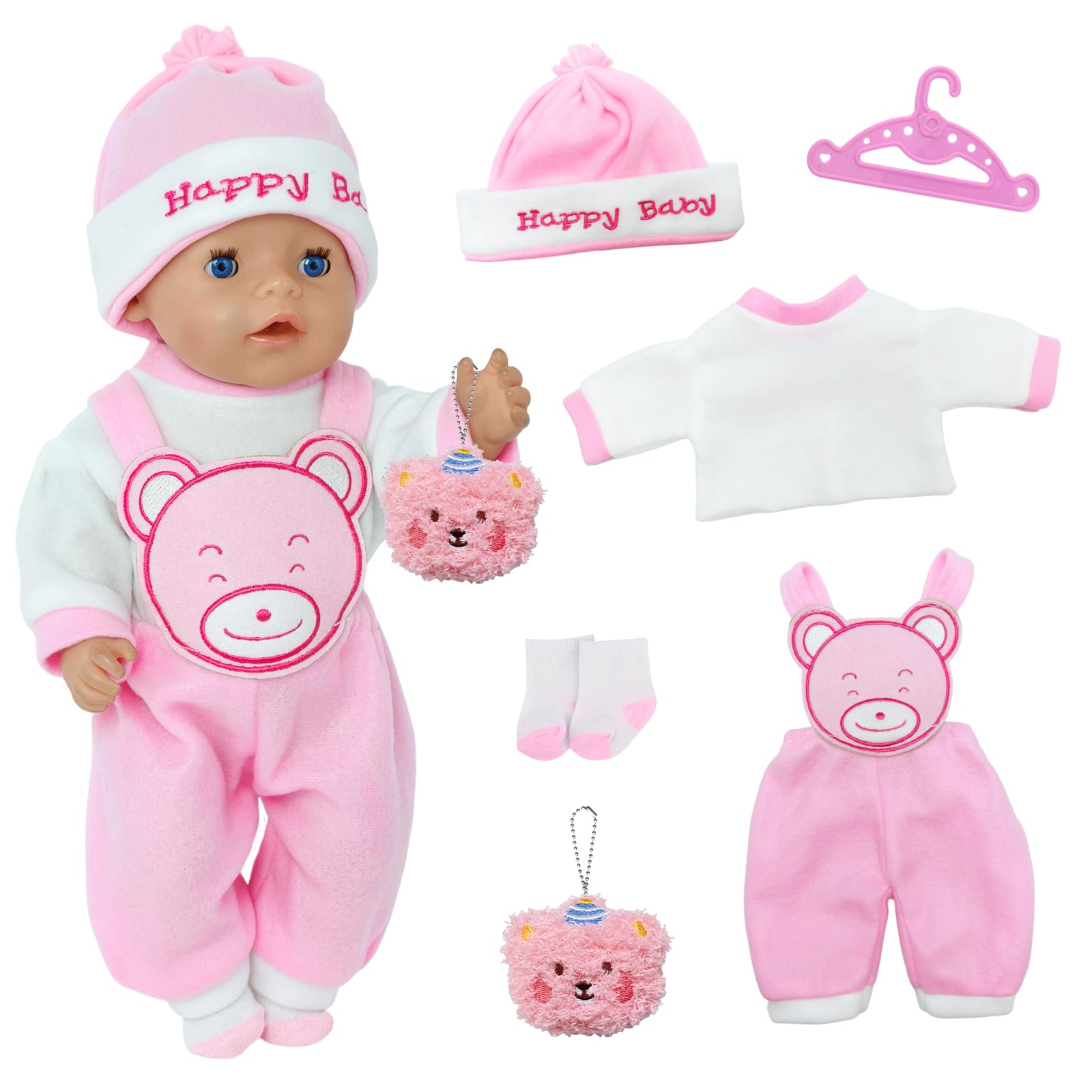 6 Pcs Baby Doll Clothes for 14-18 Inch Dolls, Pink Bear Fleece Dungarees & Top Outfit, Baby Doll Accessories with Hat, Socks, Hanger Plush Pendant for 30-45cm Doll, for Girls