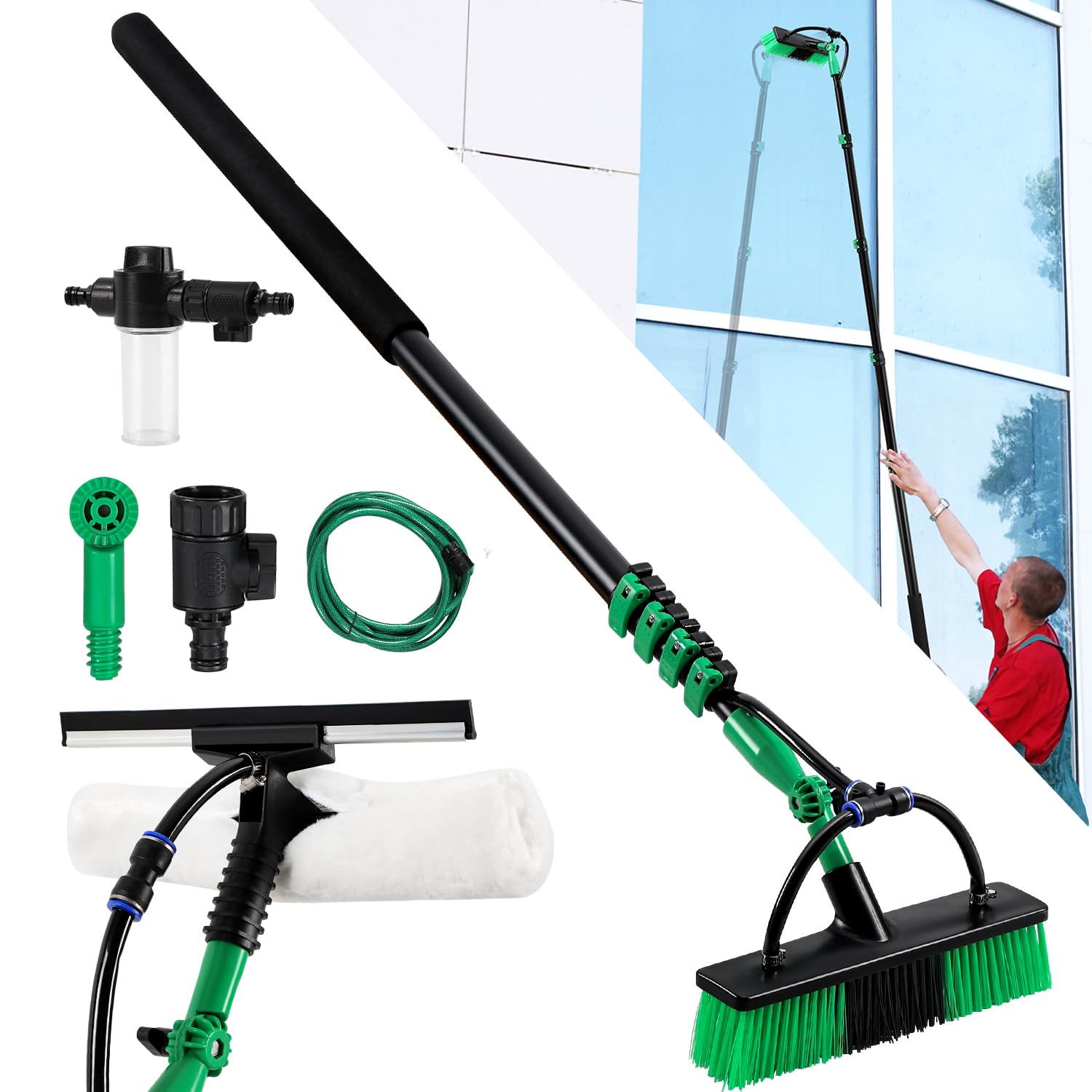 Sonnewelt Cepillo de lavado telescópico de 4,8 m, cepillo de lavado con mango telescópico, limpiador de tejado de terraza, cepillo telescópico con conexión de agua, cepillo telescópico para limpieza