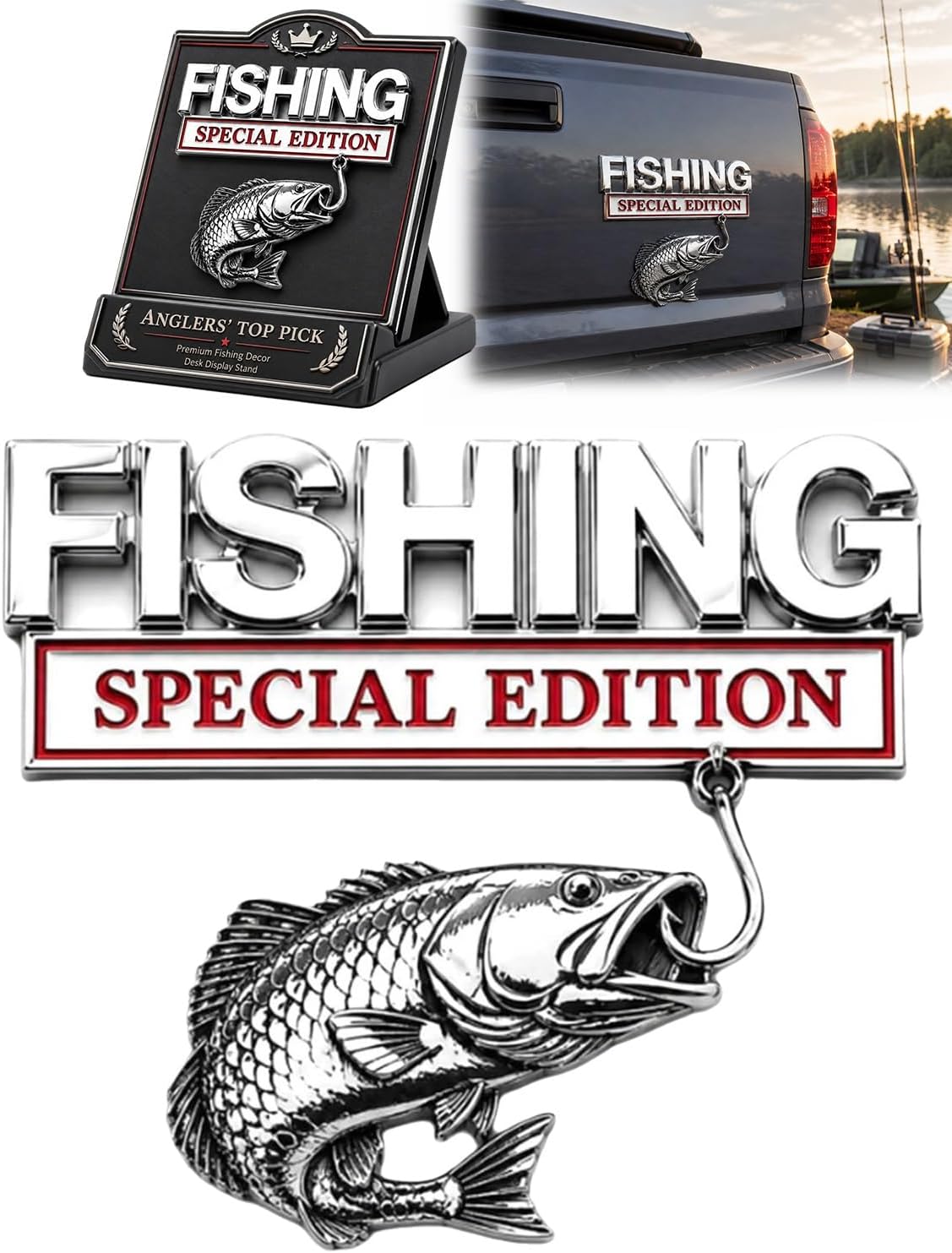 Fishing Special Edition Premium 3D Metal Vehicle Emblem Badge Chrome Fish Hook Design Car Decal Sticker for Truck SUV Boat Trailer Rv Anglers Gift Personalized Outdoor Decor(1Pc)