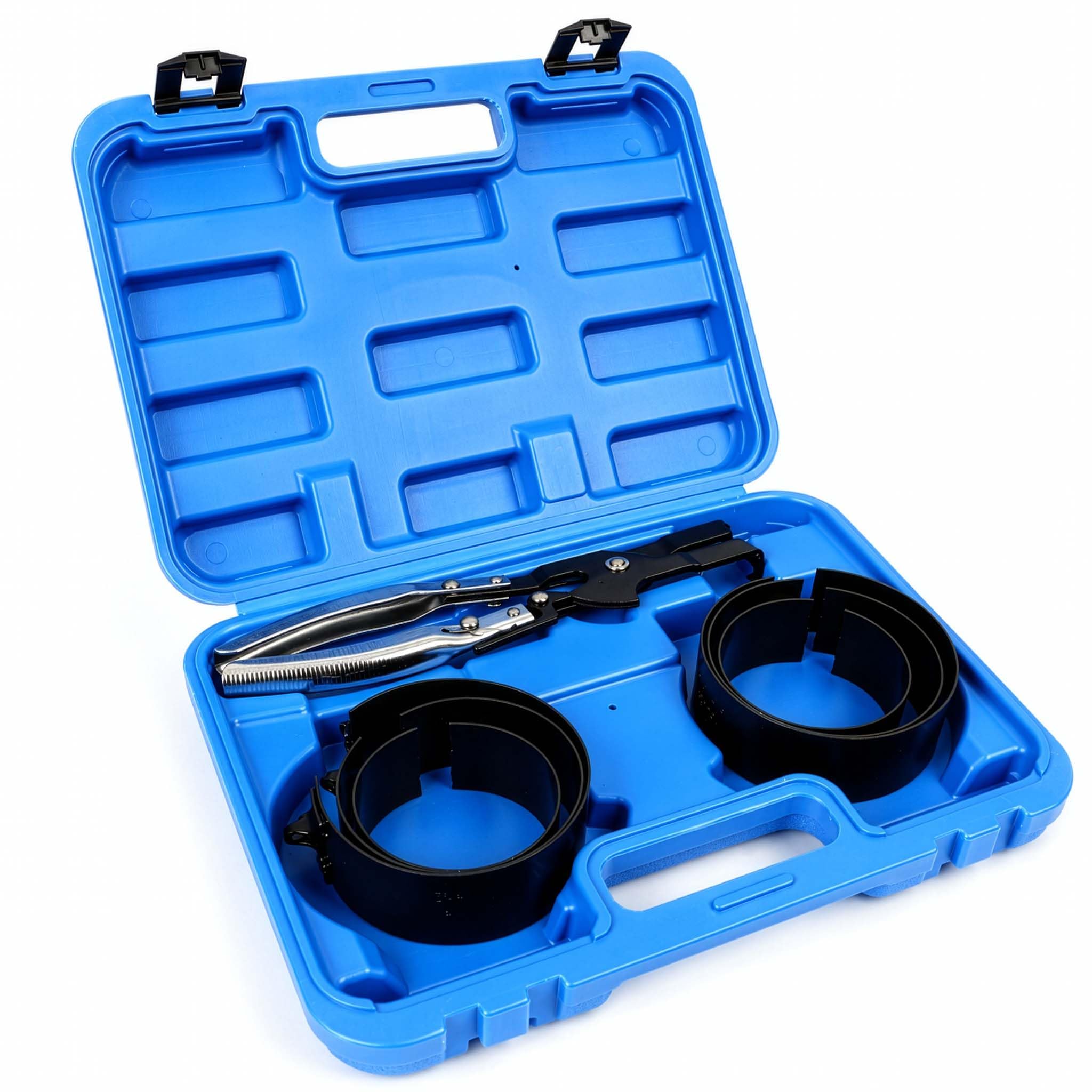 WilTec Jeu de 6 Colliers de Serrage de Segments de Piston - Tailles de 73-111 mm - avec Pince de Serrage - dans Un Coffret Robuste - Bandes Pistons Voiture