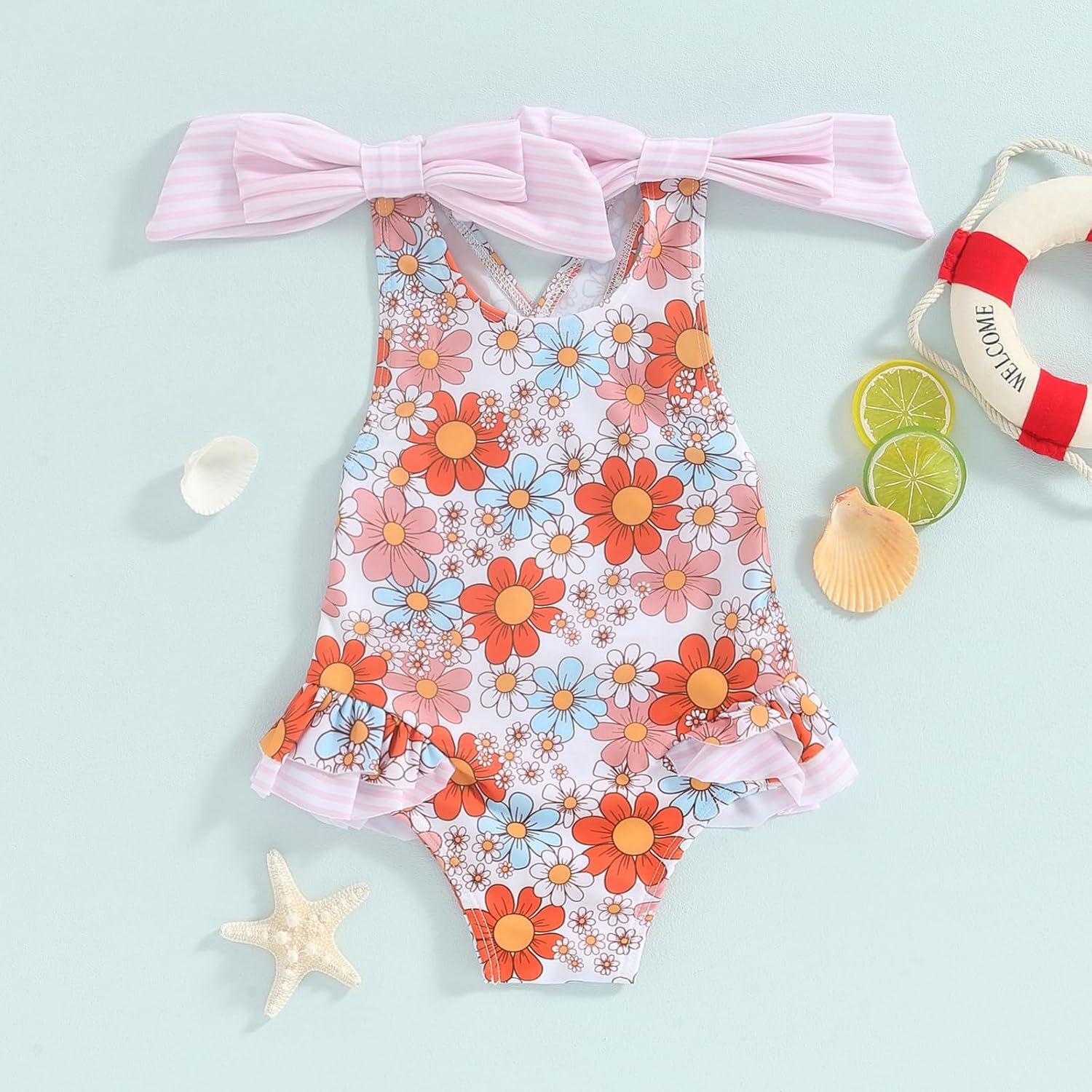 Toddler Girl One Piece Swimsuit Floral Sleeveless Backless Bowknot Bathing Suit Kids Girl Ruffled Swimwear Beachwear