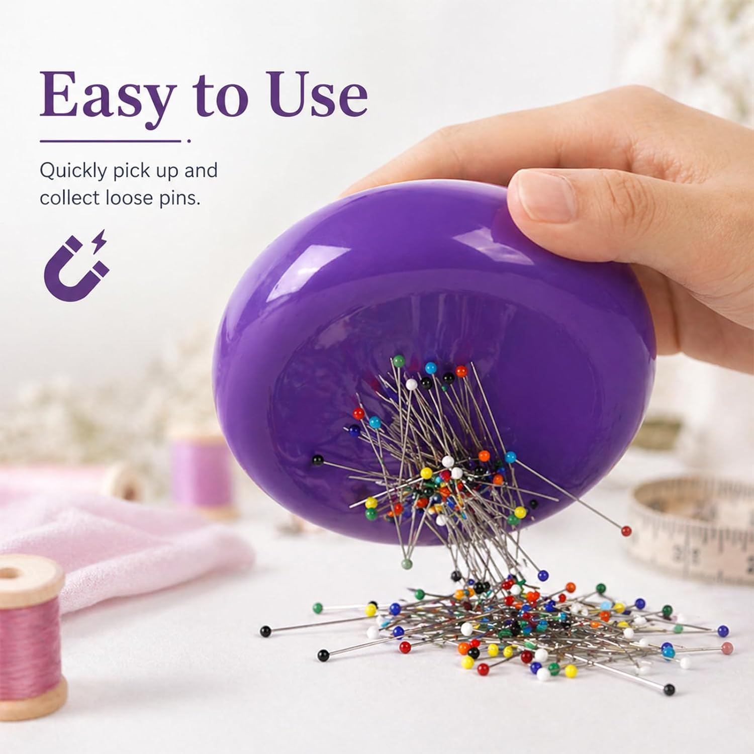 Hilltian Magnetic Pin Cushion with 100 Plastic Head Pins, Magnetic Pins Holder Pin Cushion for Sewing Quilting (Purple)