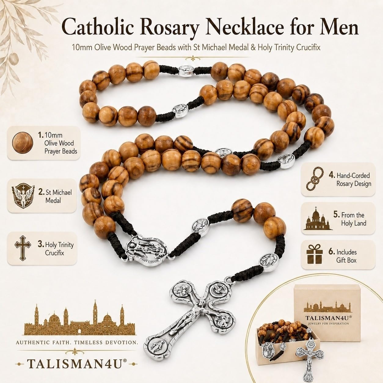 TALISMAN4U St Michael Catholic Rosary Men Necklace 10mm Olive Wood Beads | Holy Trinity Crucifix, Holy Land, Handmade Corded Design, Prayer Beads, Religious Gift Box
