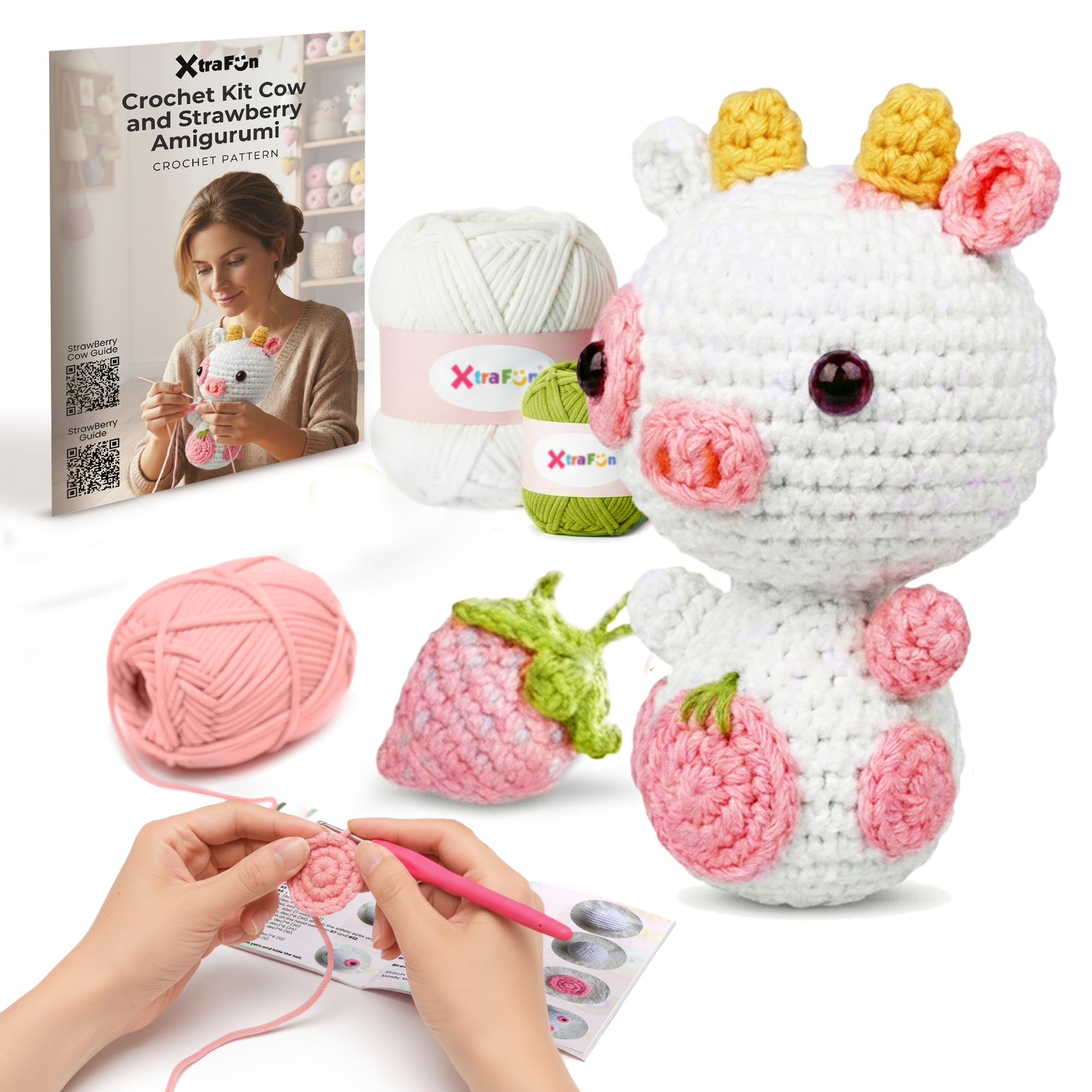 Beginner Crochet Kit for Adults - Animal Kits Amigurumi with Starter Soft Yarn, Complete DIY Step by Step Video Tutorials, Strawberry Cow Decoration, Easy Learn to Knit, with Hooks
