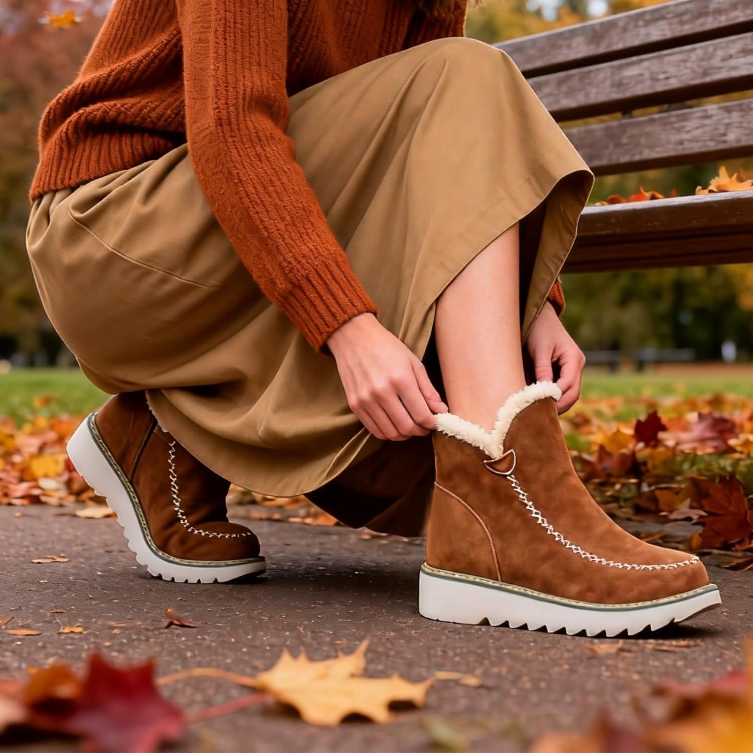 Women's Waterproof Winter Boots, Fur Lined, Slip-On, Anti-Slip, Arch Support, Comfortable Casual Ankle Boots for Outdoor Activities