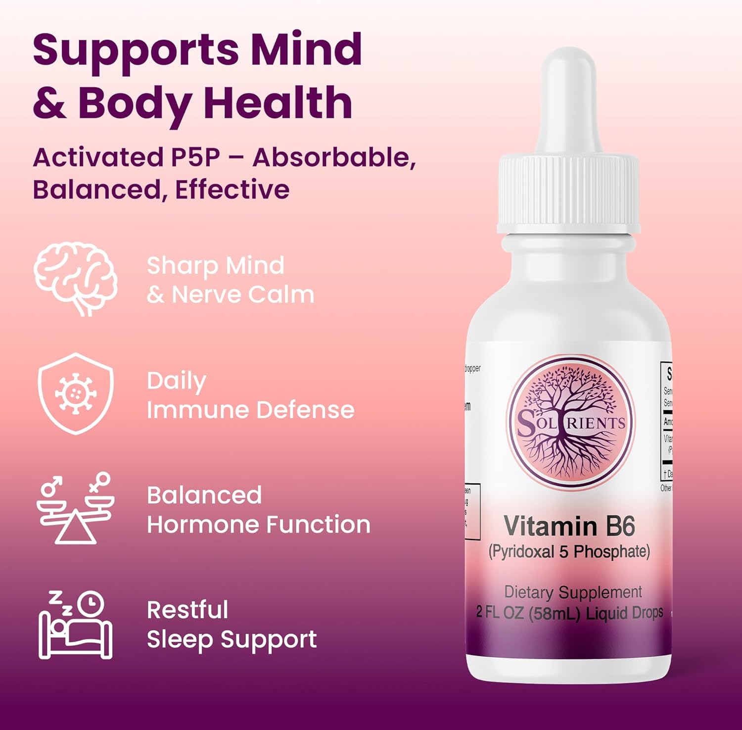 Liquid Vitamin B6 P5P (Activated Pyridoxal-5-Phosphate) – Balanced 500% DV Dose, Double Servings – Alcohol-Free, Fast-Absorbing Nervous System & Energy Support, Non-GMO,2 oz, 60 Servings - Image 2