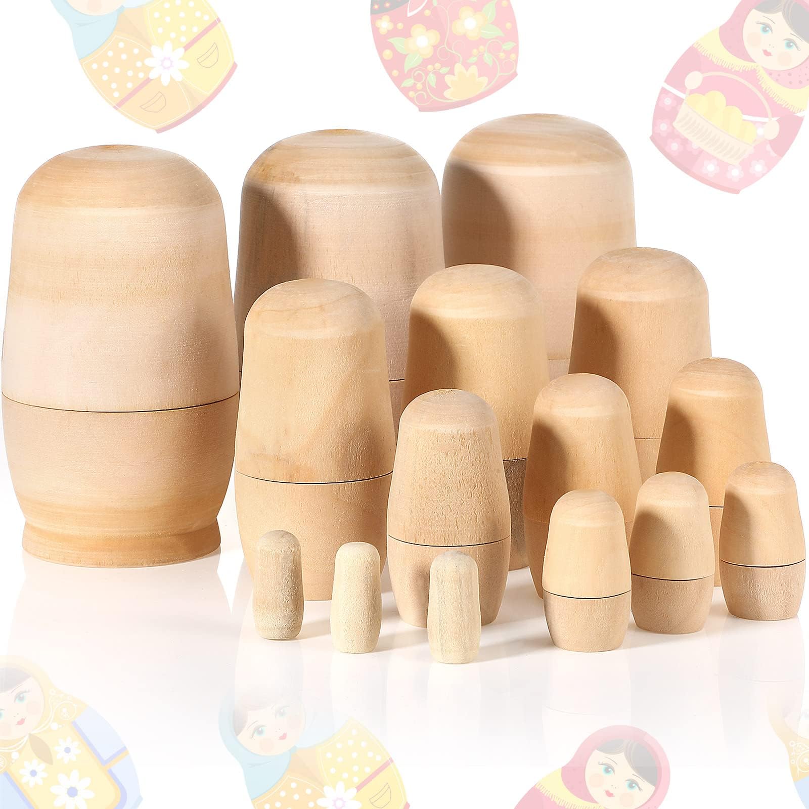 Charniol 15 Pieces Unpainted Blank Russian Nesting Dolls Plain Unfinished Wooden Nesting Dolls Handmade DIY Traditional Matryoshka for Kids Teens Adults Paint Present