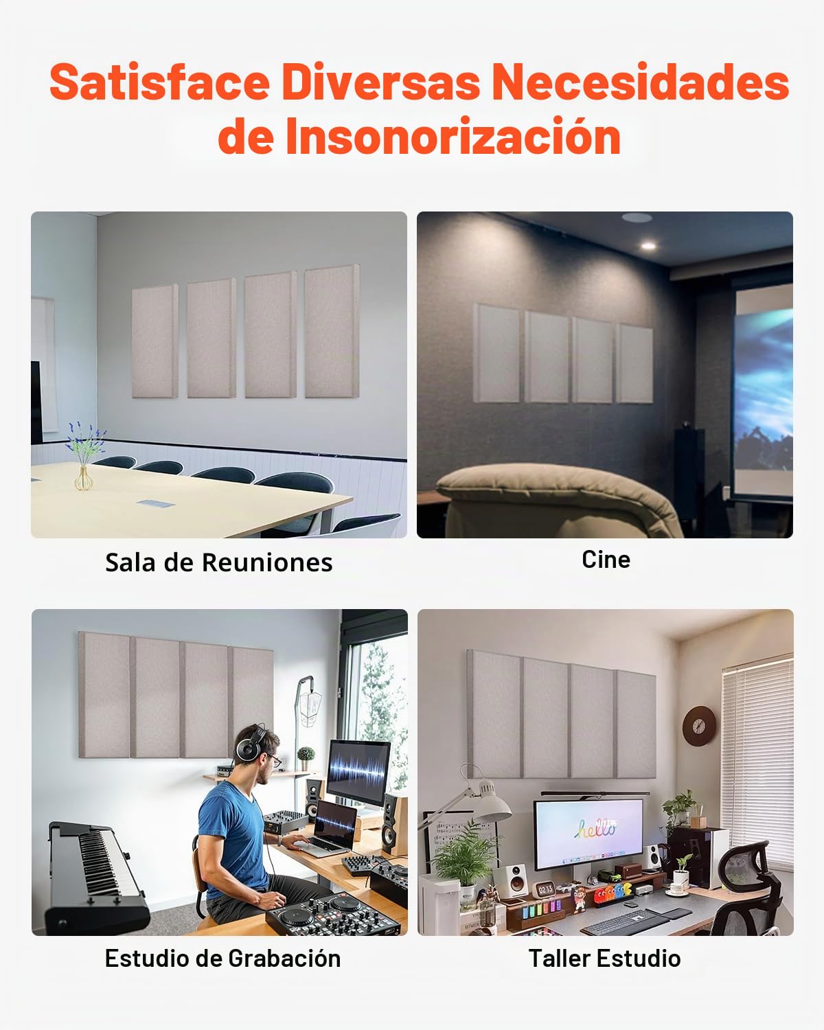 VEVOR Paneles Acústicos de Fibra de Vidrio, Paneles de Absorción de Sonido, Insonorizados Autoadhesivos, para Estudios, Oficinas, Cine en Casa, Salas de Reuniones, Camello, 600 x 300 x 50 mm, 4 uds