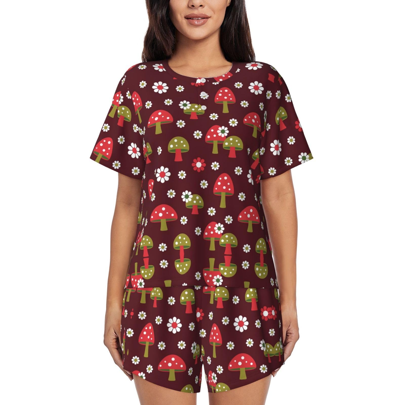 Conjunto de pijama de manga corta para mujer, pijama con estampado artístico de hongos brillantes para otoño e invierno, ropa de descanso con botones, ropa casual