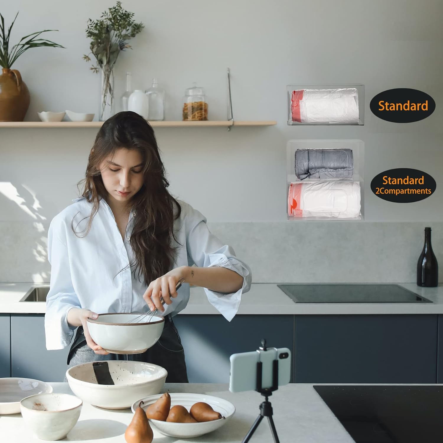 SEANADO Trash Bag Dispenser Roll Holder, 2 Compartment Wall Mount Acrylic Kitchen Double Side Loaded Organizer Storage Box Holder for Garbage and Grocery Bags (10.4 x 5.5 x 11inches)