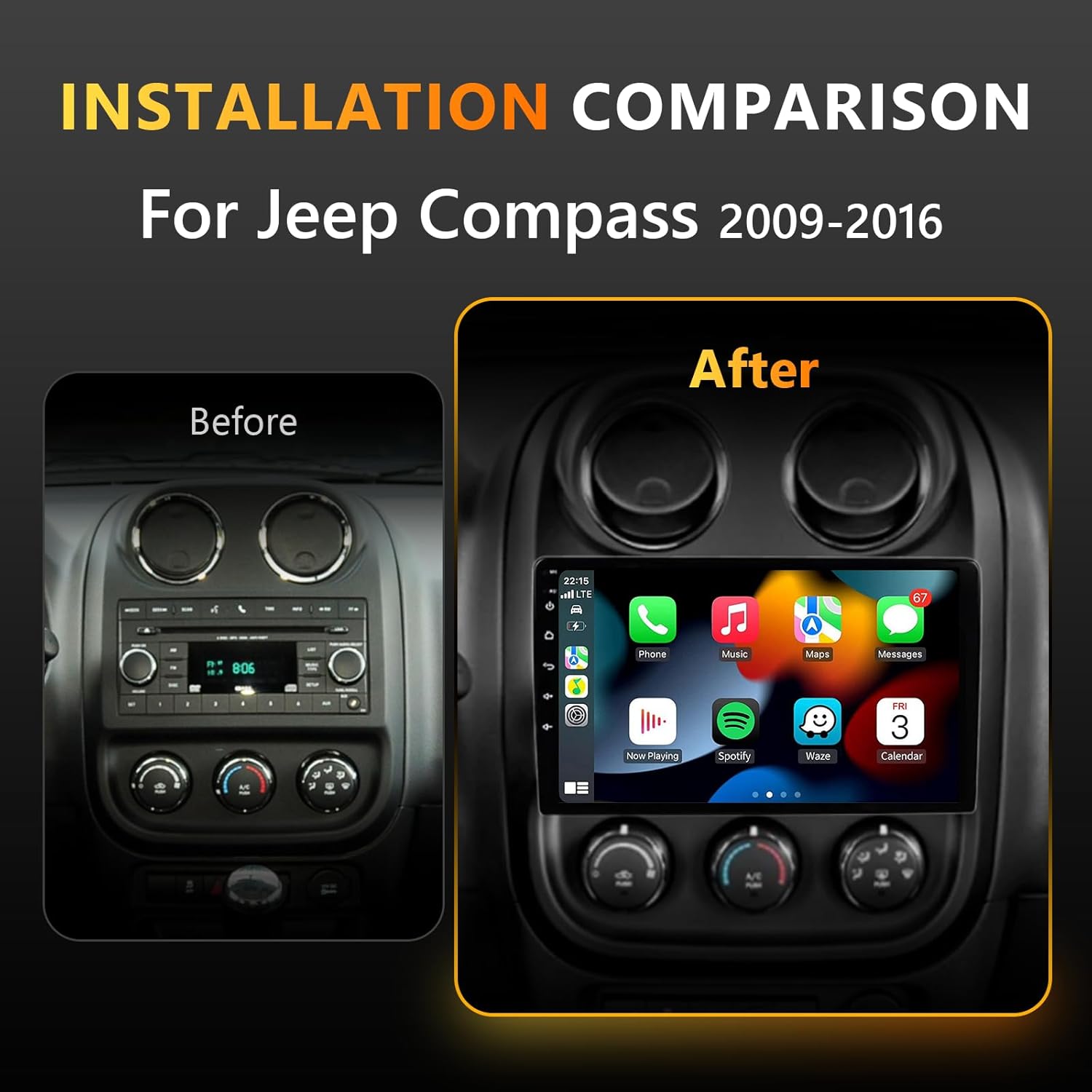 [2024 Latest 2G+32G] 2 Din Android 13 Car Stereo Radio for Jeep Compass 2009-2016 with Wireless Apple CarPlay & Android Auto 10" Touch Screen GPS Navigation Bluetooth FM WiFi Mirror Link