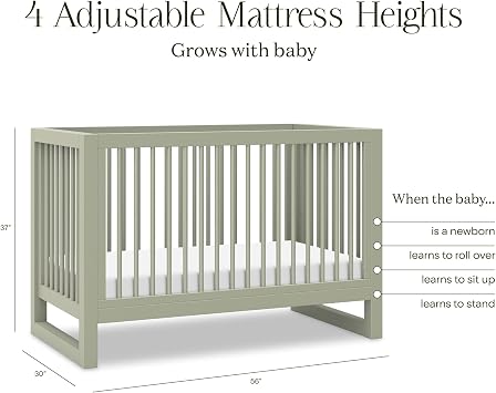 Namesake Nantucket 3-in-1 Convertible Crib with Toddler Bed Conversion Kit in French Sage, Greenguard Gold Certified, 100% Solid Wood