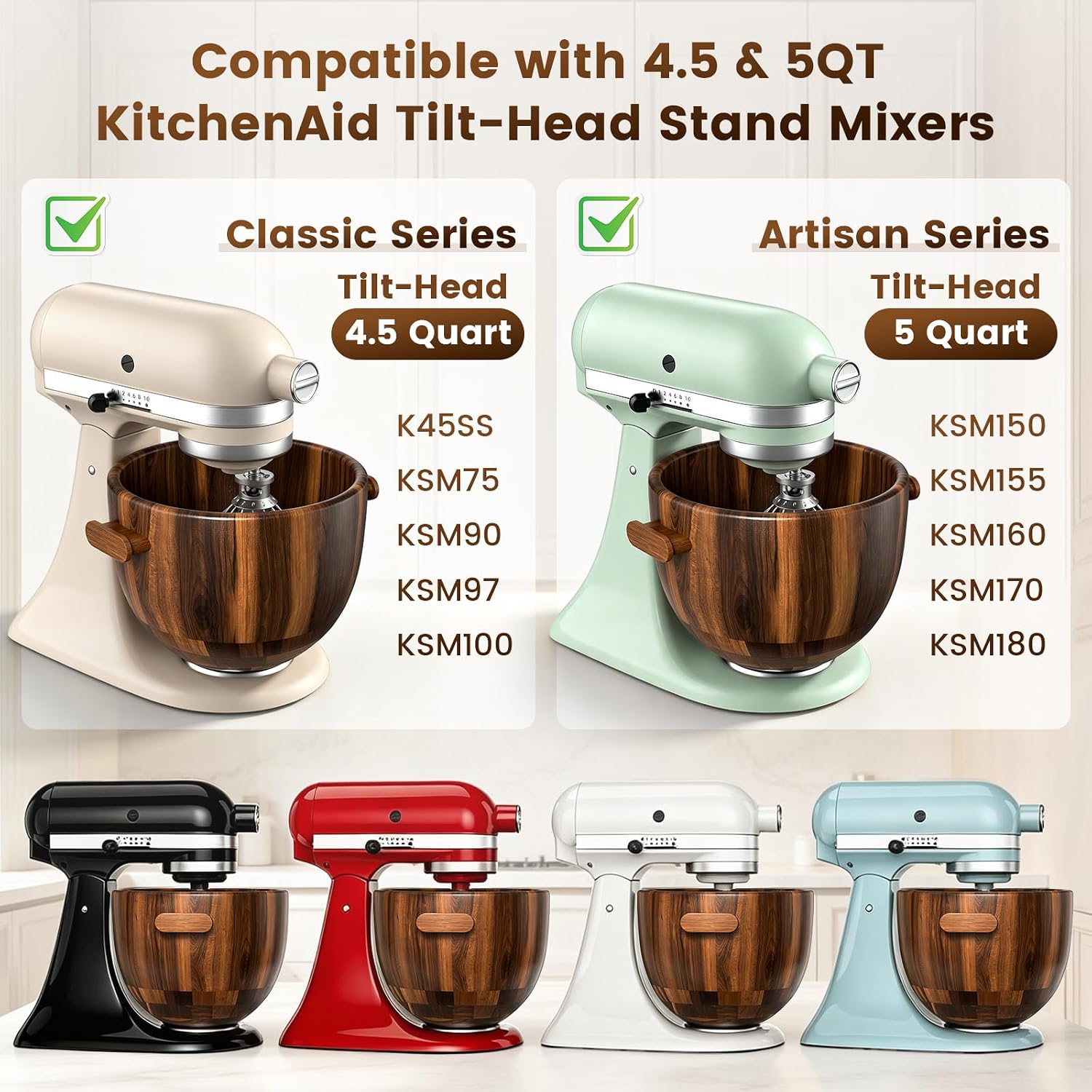 Wood Mixing Bowl with Handle, for KitchenAid 4.5-5 QT Tilt-Head Stand Mixer