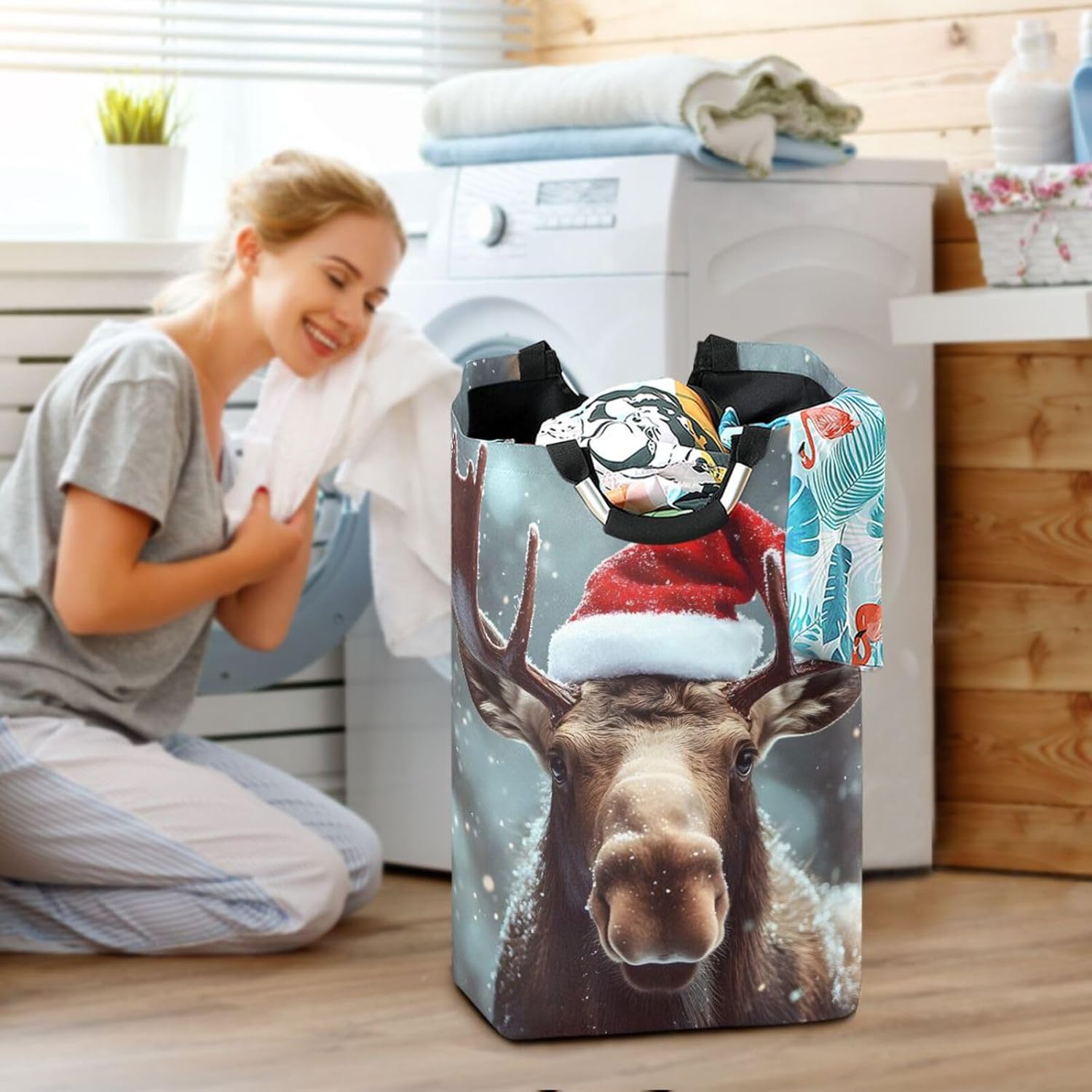 AIXIWAWA Christmas Moose Laundry Baskets Hamper 1 Pack, Collapsible Clothes Holder Dorm Home Laundry Bag with Handles