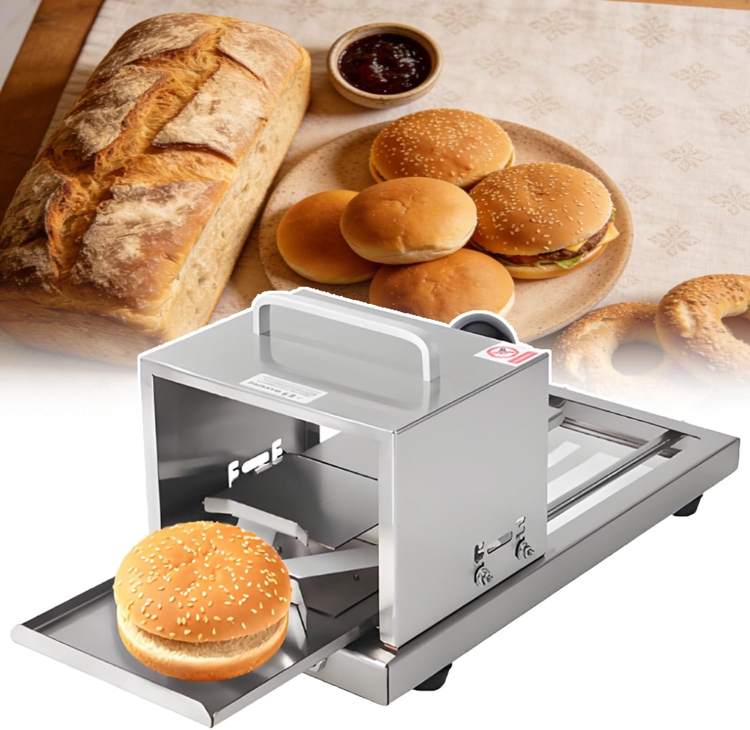 Manual Hamburger Bun Slicer Cutter - Commercial Bread & Bagel Portioning Machine - Push-Pull Home Burger Buns Slicer,4-Level Adjustable Cutting Height,Stainless Steel Blade