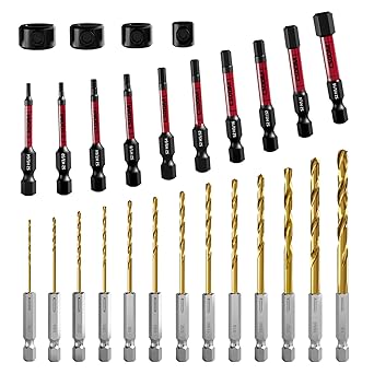 CSOOM 13pcs Twist Drills with 10pcs Hexagonal red Impact Batch with 4 Piece Drill Stop Collar Set Positioner for Metal, Steel, Wood, Plastic - Quick Change Design Included