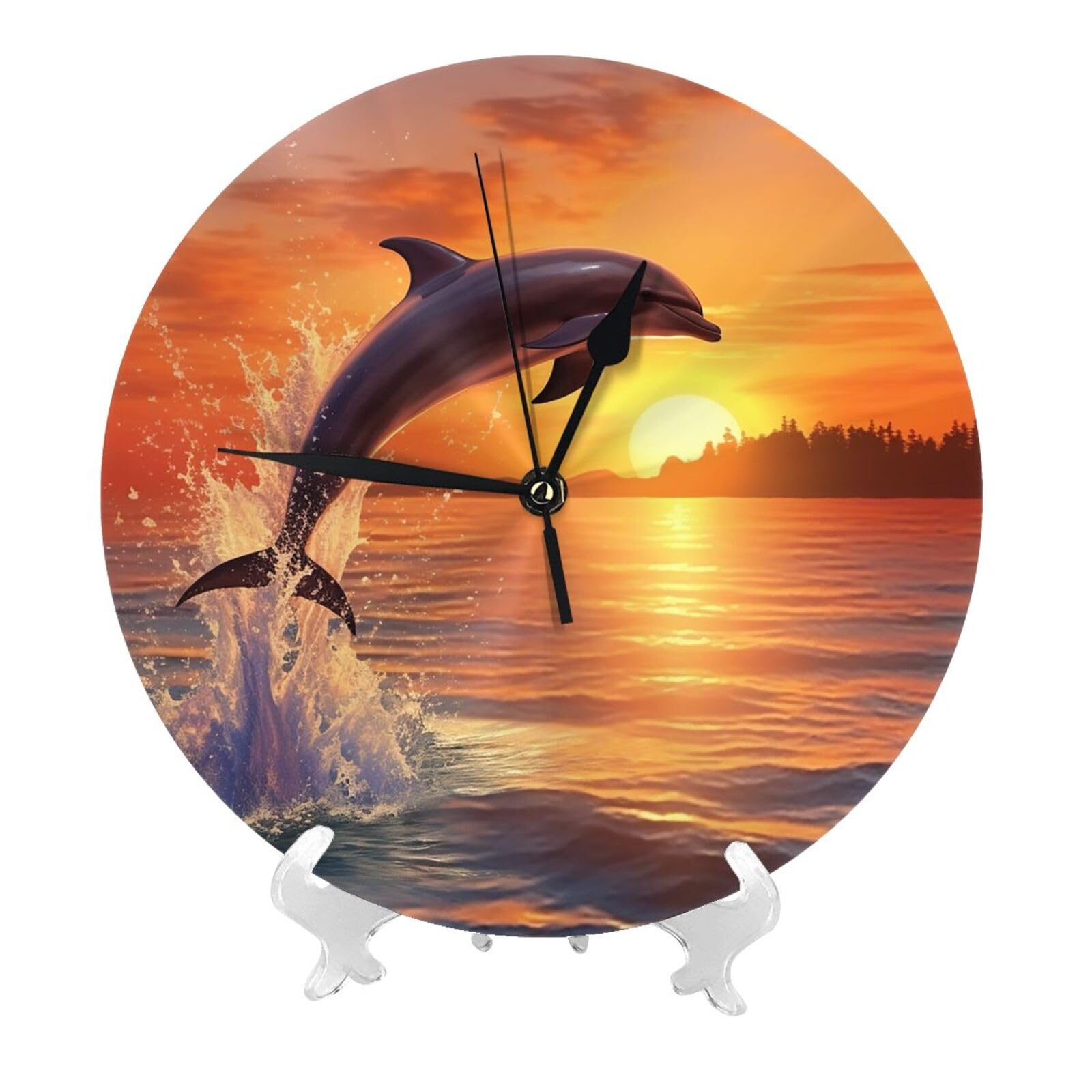 DWVTSLH Sunset Dolphin Wall Clock 10 Inch Silent Non-Ticking Modern Clocks Battery Operated - Decorative Wall Clocks for Bedroom Living Room Kitchen Office Wall Decor Gift Idea