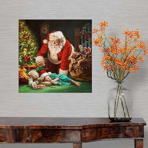 Miniatura 4 de CANVAS ON DEMAND Vinilo decorativo para pared de Papá Noel, Jolly Old Saint Nick Reaches Over Sleeping Child por árbol de Navidad iluminado, obra de