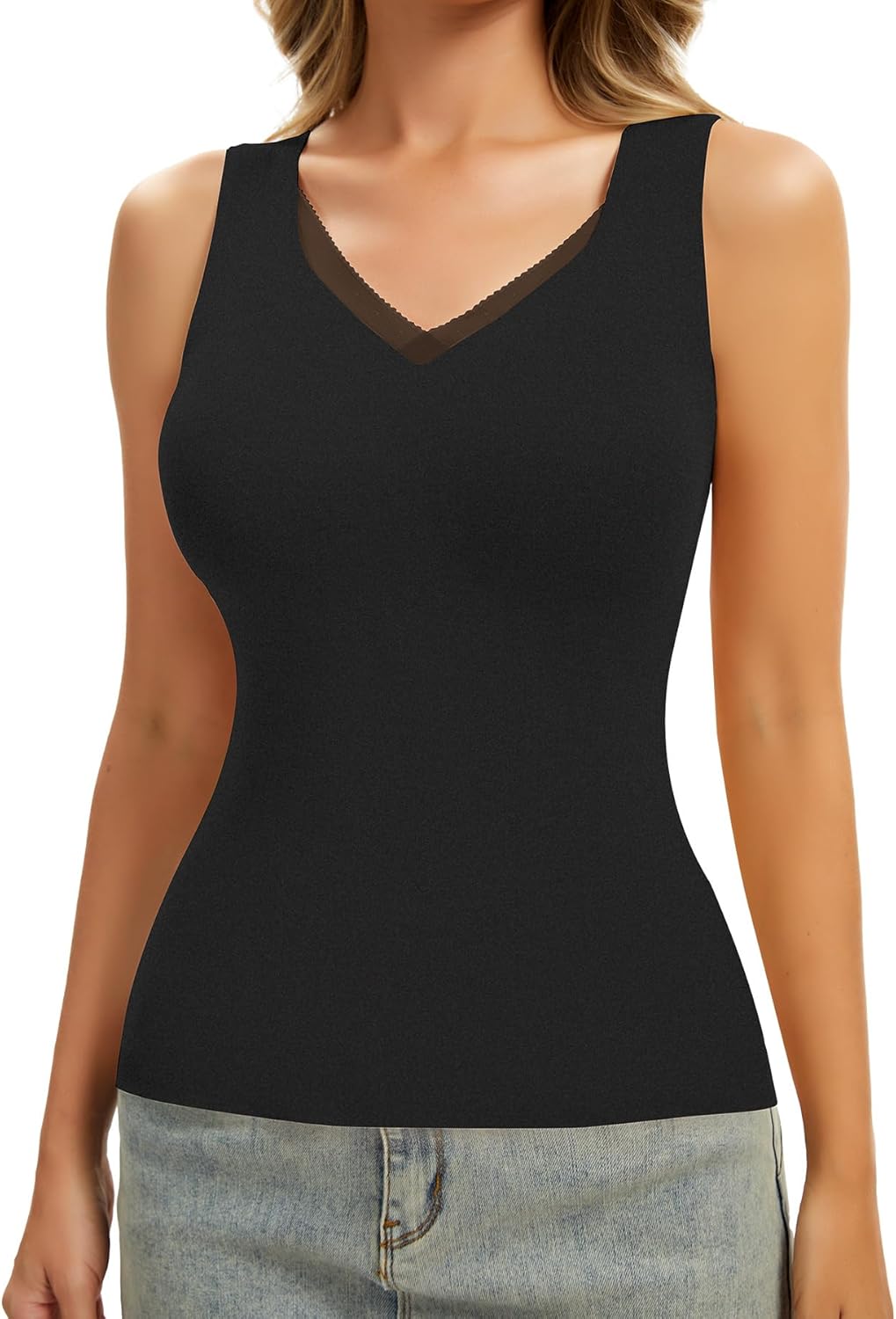 Thermal Tank Top Undershirts Fleece Tank Top for Women Sleeveless Winter Warm Base Layer Camisole Sew-in Bra