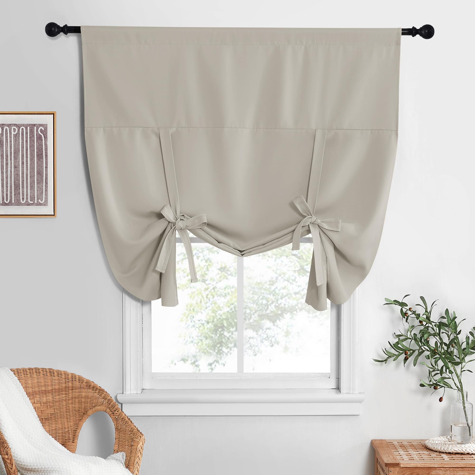 NICETOWN Blackout Tie Up Curtain Energy Efficient Window Shades Adjustable Height Rod Pocket Panel for Living Room, Short Blackout Valances for Kitchen (Natural, 52W x 63L, Set of 1)