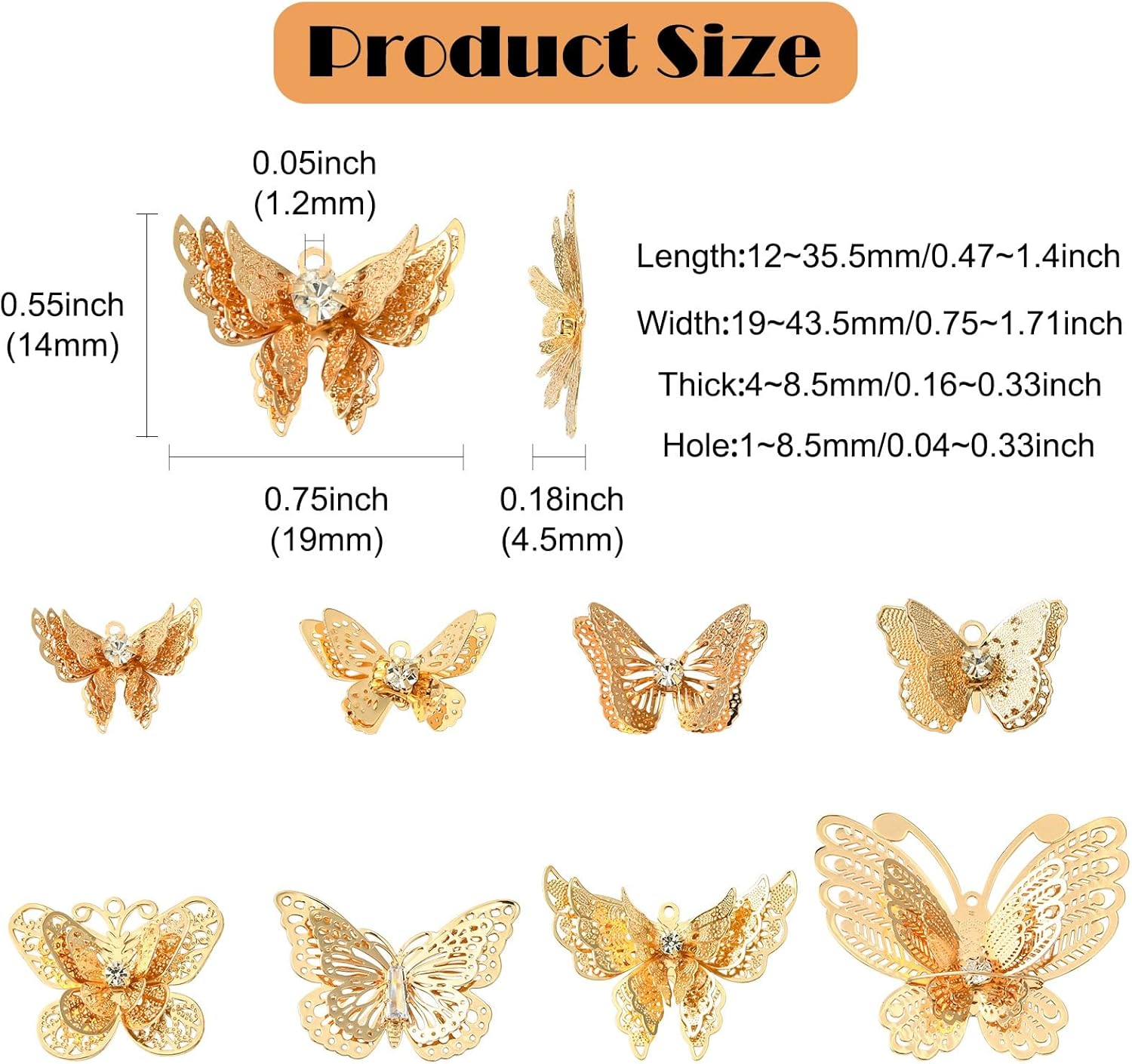 Stiesy 16 Pcs 8 Styles Hollow 3D Butterfly Charms Rhinestone Filigree Golden Butterfly Brass Charms Bulk for DIY Necklace Bracelet Earring Jewelry Making - Image 2