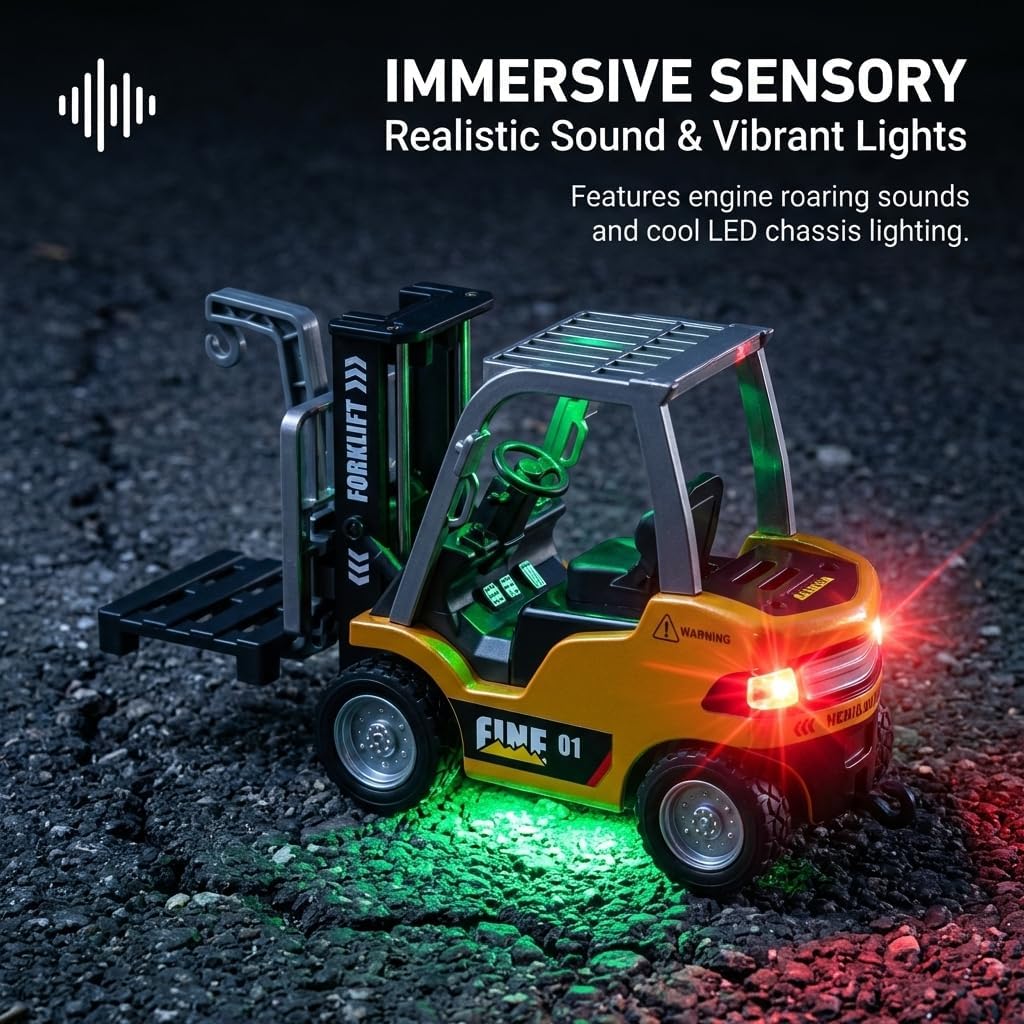 RC Forklift Toy, Remote Control Construction Vehicle with Metal Forks & Crane Hook, Lights and Sounds, 1/64 Scale 6-Channel Heavy Duty Engineering Truck Birthday Gifts for Boys Kids Age 6-12