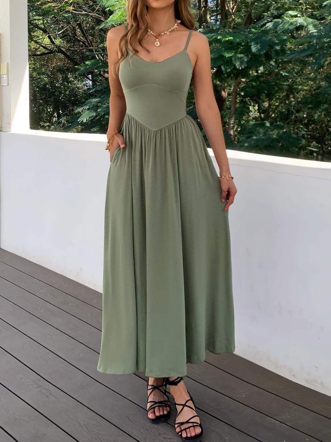Womens Spaghetti Strap Maxi Dresses Summer Casual Sleeveless A Line Long Flowy Dress with Pockets Beach Sundresses - Image 2