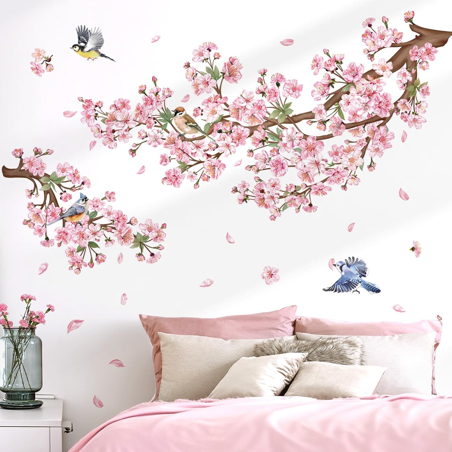 decalmile Cherry Blossom Branch Wall Decals Pink Floral Birds Wall Stickers Bedroom Living Room Sofa TV Background Wall Decor