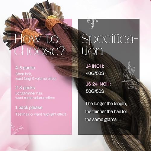 Miniatura 3 de Moresoo Extensiones de cabello humano con punta en U de 24 pulgadas, extensiones de cabello humano con queratina, color marrón oscuro con rubio