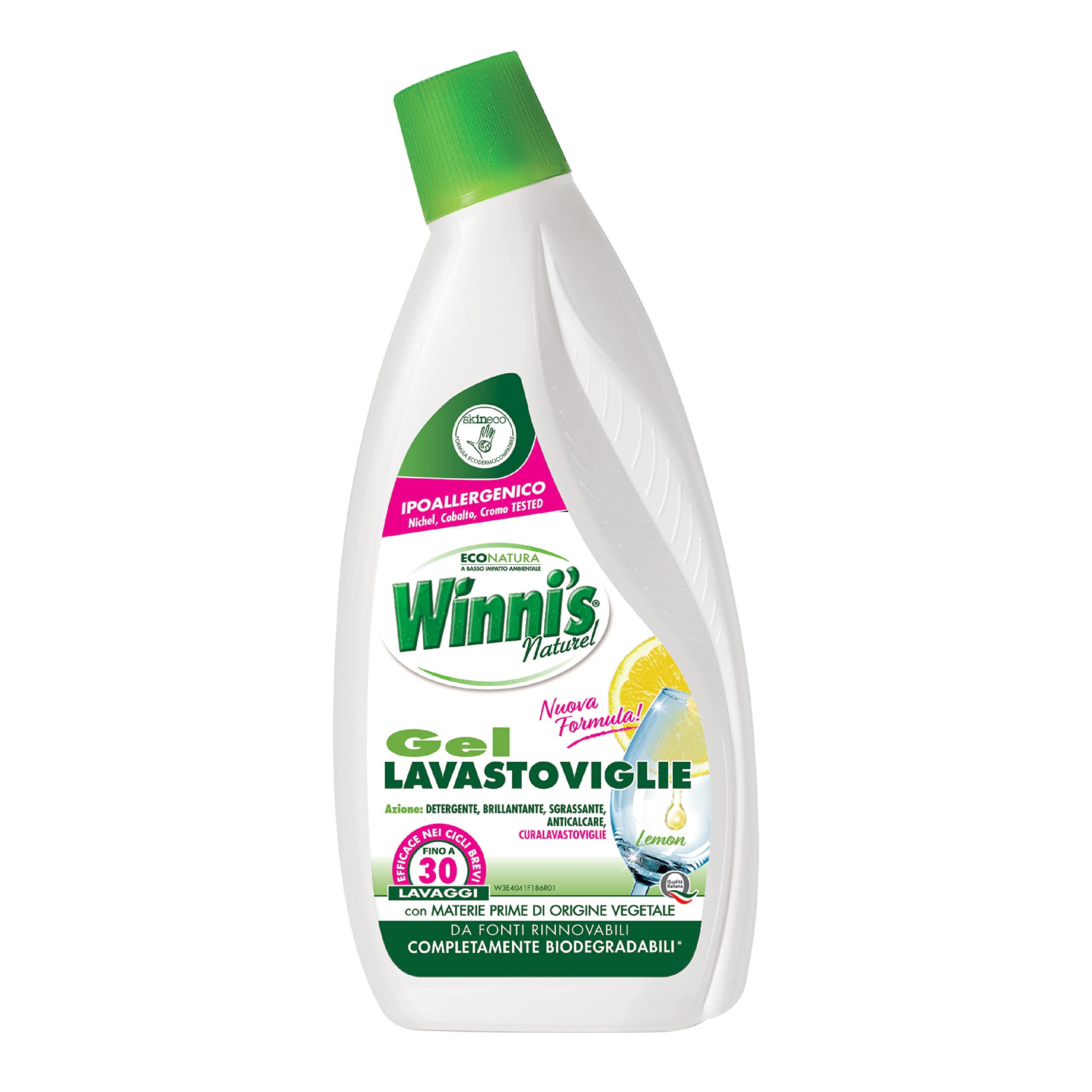 Winni's - Detersivo Gel Lavastoviglie Ipoallergenico, 360 Lavaggi, Azione Detergente, Sgrassante e Brillantante, Fragranza di Limone, con Materie Prime di Origine Vegetale, 750 ml x 12 Confezioni