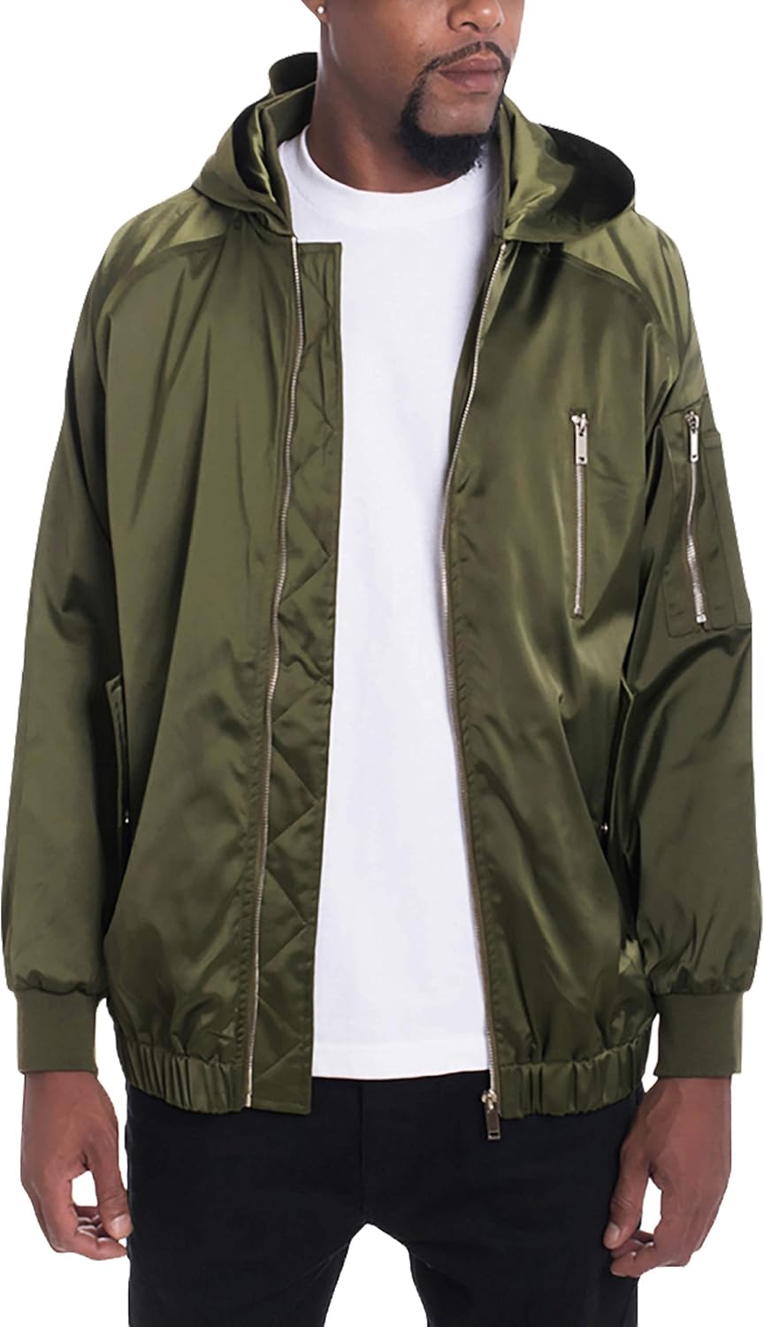 Hat and Beyond Mens Satin Zip Up Bomber Jacket with Hoodie Hipster Hip Hop S-2XL